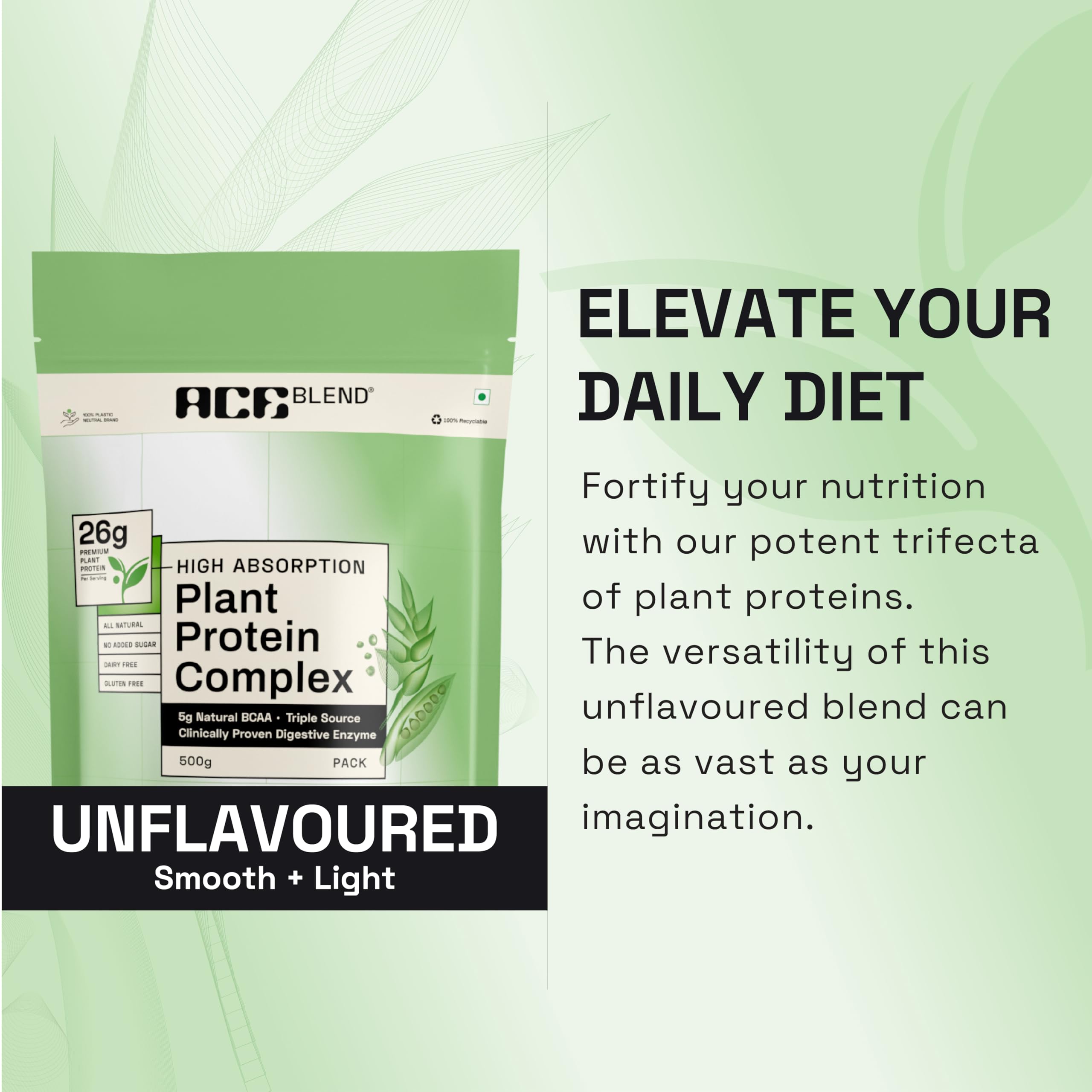 Ace Blend Plant Protein Complex - 26G Protein Per Serving | Unflavored Vegan Protein Powder with Golden-Split Pea, Canadian Brown Rice & Indian Lentil Protein | DigeZyme for Easy Digestion | 100% Gut Friendly | Perfect for Post-Workout Recovery & Smoothie Boosts