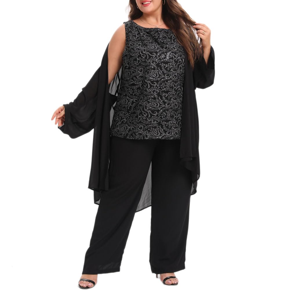 Elegant Plus Size Mother of the Bride Pant Suits 3-Piece Chiffon Lace Wedding Guest Outfit for Women - Perfect for Weddings, Parties & Special Occasions