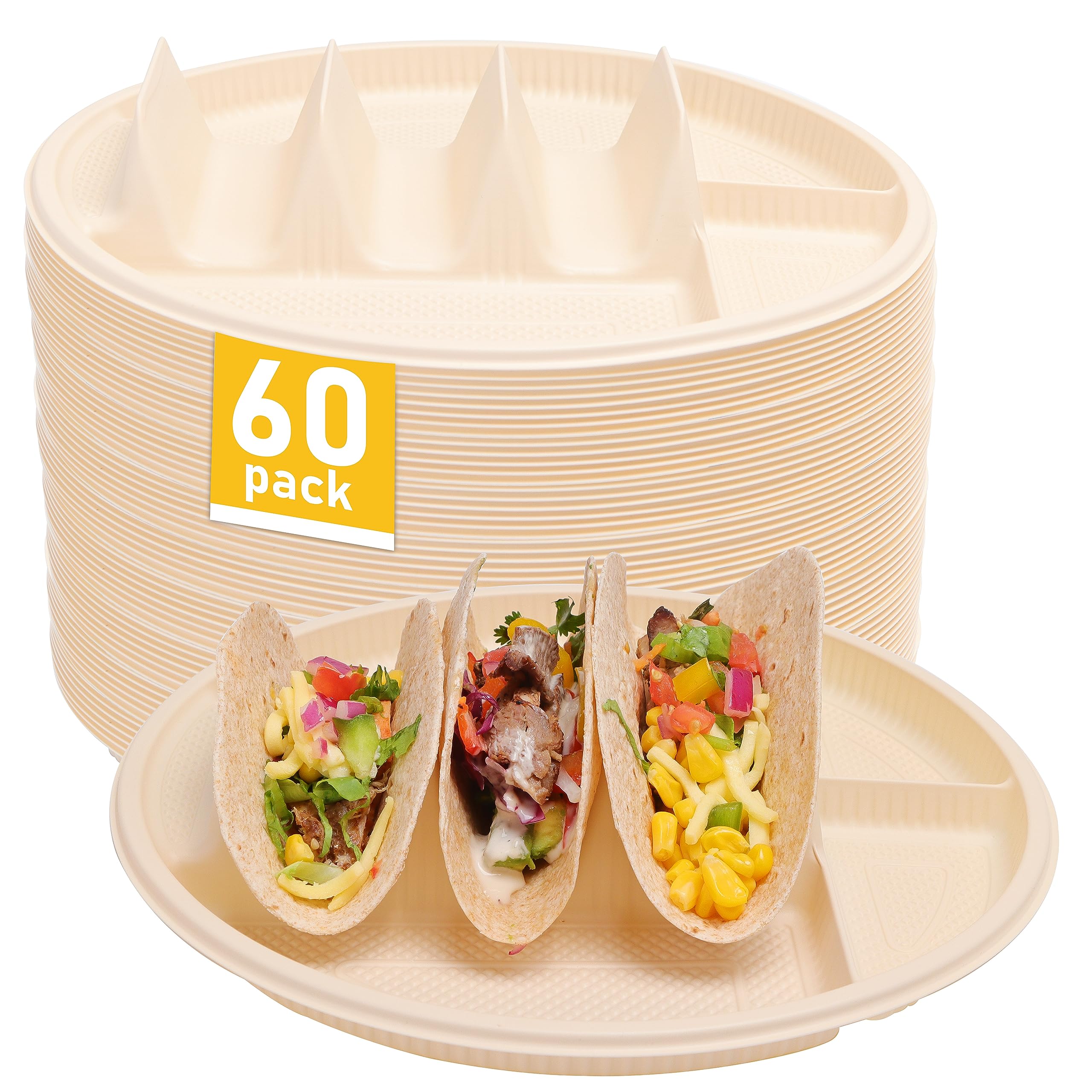 60 Pack Biodegradable Cornstarch Taco Plates with Dipping Compartments - Eco-Friendly Disposable Taco Holders for Parties, Fits 6-8 Inch Tortillas, Microwave Safe - Perfect for Taco Tuesday, Cinco de Mayo & Mexican-Themed Parties