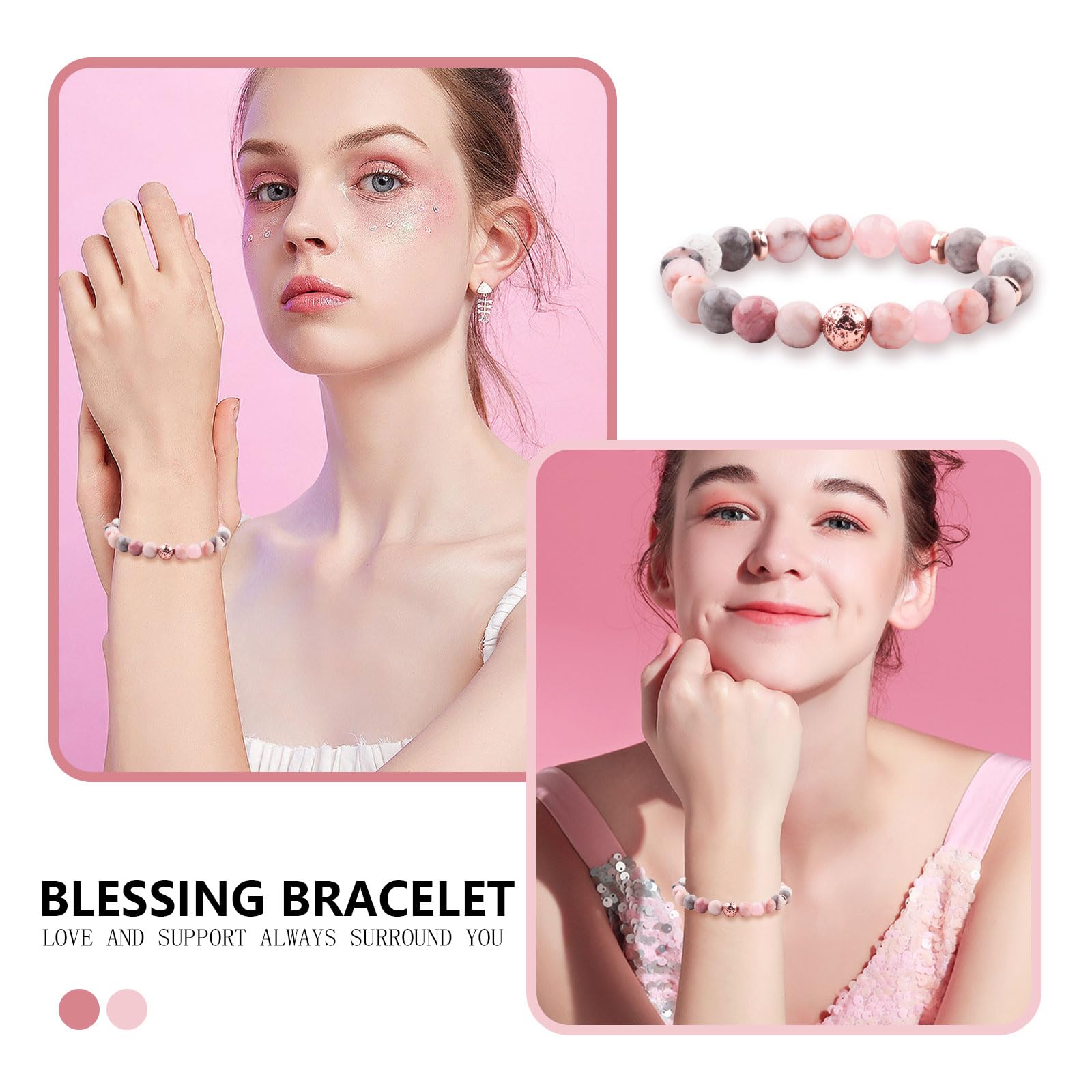 Natural Stone Healing Relaxation Bracelets for Women - Get Well Soon Gifts After Surgery or Illness - Soothing Bracelet with Meaningful Message Card & Gift Box (Pink Zebra) - Perfect for Recovery, Stress Relief & Positive Energy