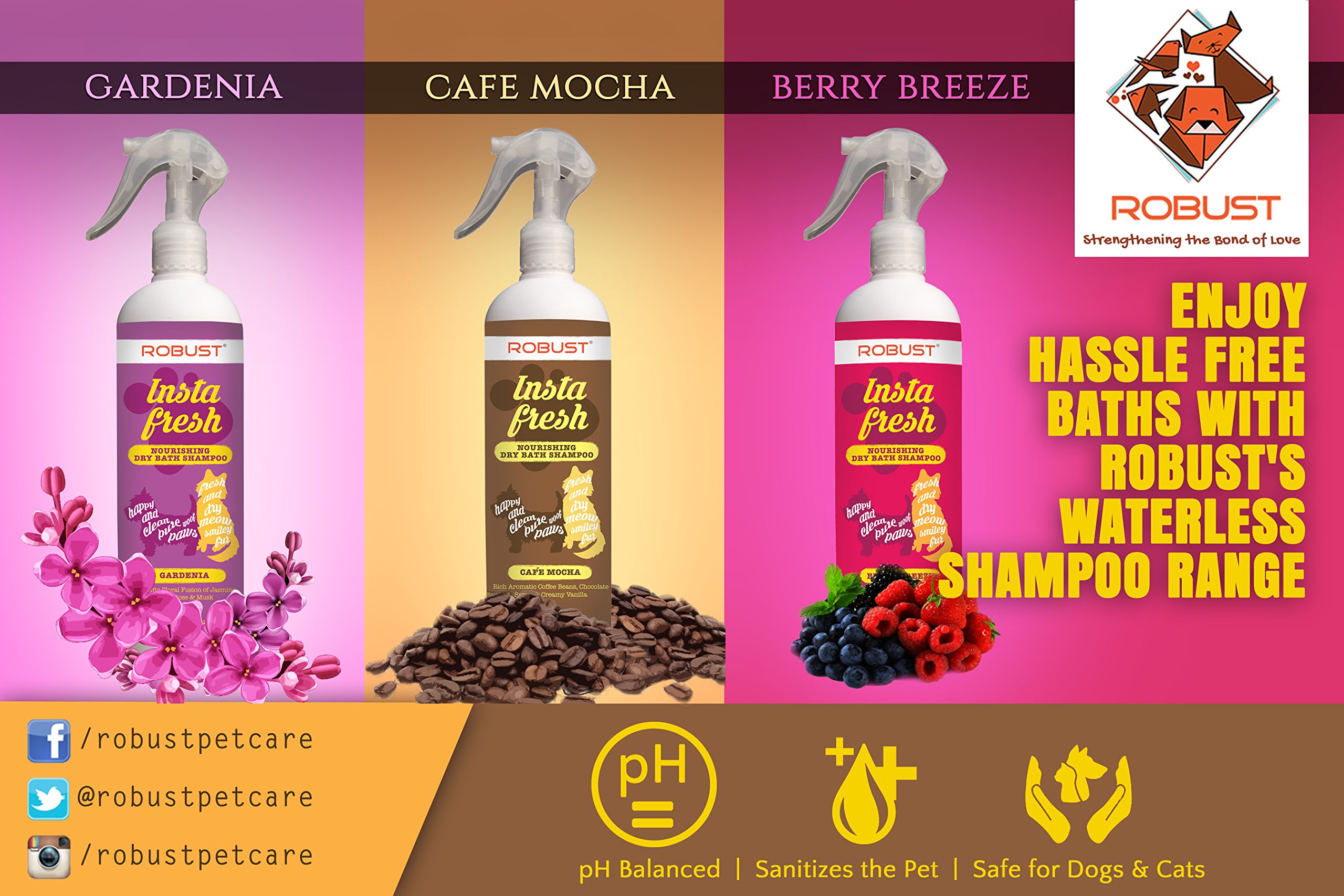 ROBUST Instafresh Nourishing Dry Shampoo for Dogs & Cats - Berry Breeze Scent, 250ml | Waterless Bath Solution for Quick Cleaning Between Washes | Perfect for Travel, Post-Workout & Senior Pets