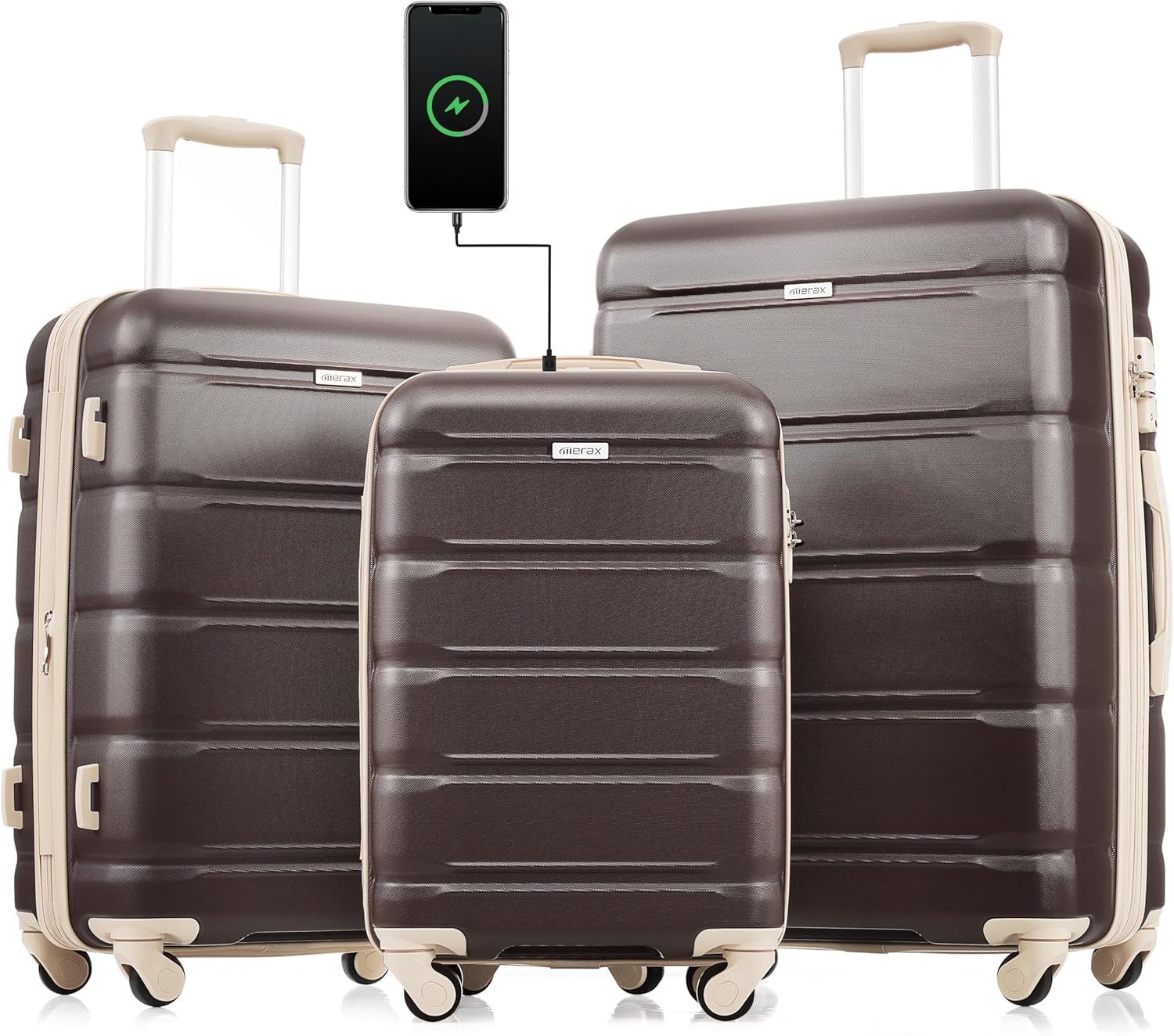 Merax 3-Piece Expandable Hardside Luggage Set with Spinner Wheels & TSA Lock (20/24/28 Inch) - Brown & Khaki Suitcase for Travel, Business Trips & Family Vacations