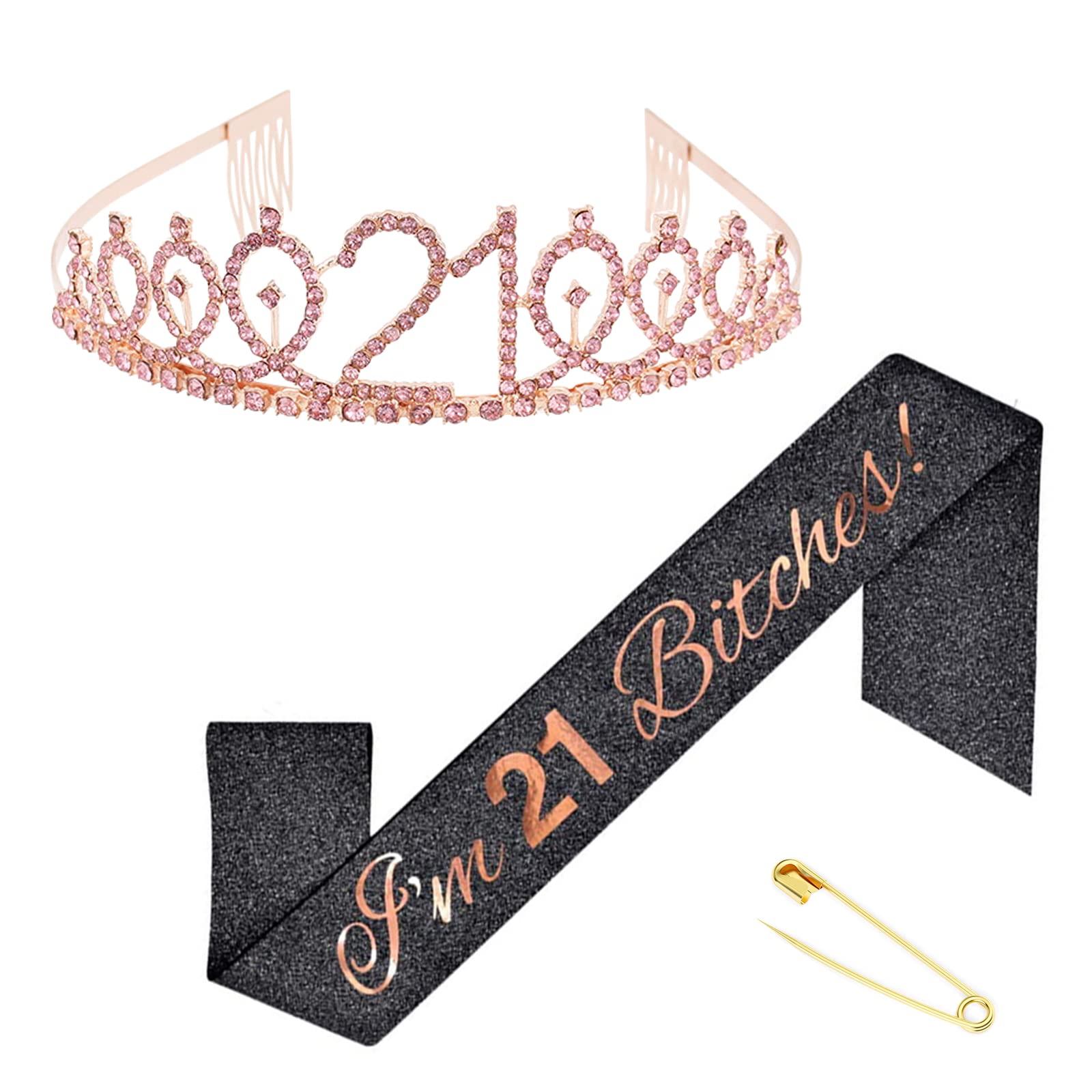 21st Birthday Sash & Crown Set - Rhinestone Tiara for Women | Funny 21st Birthday Party Favors & Supplies (Black Glitter/Rose Gold) | Perfect for Birthday Celebrations, Bachelorette Parties & Girls Night Out