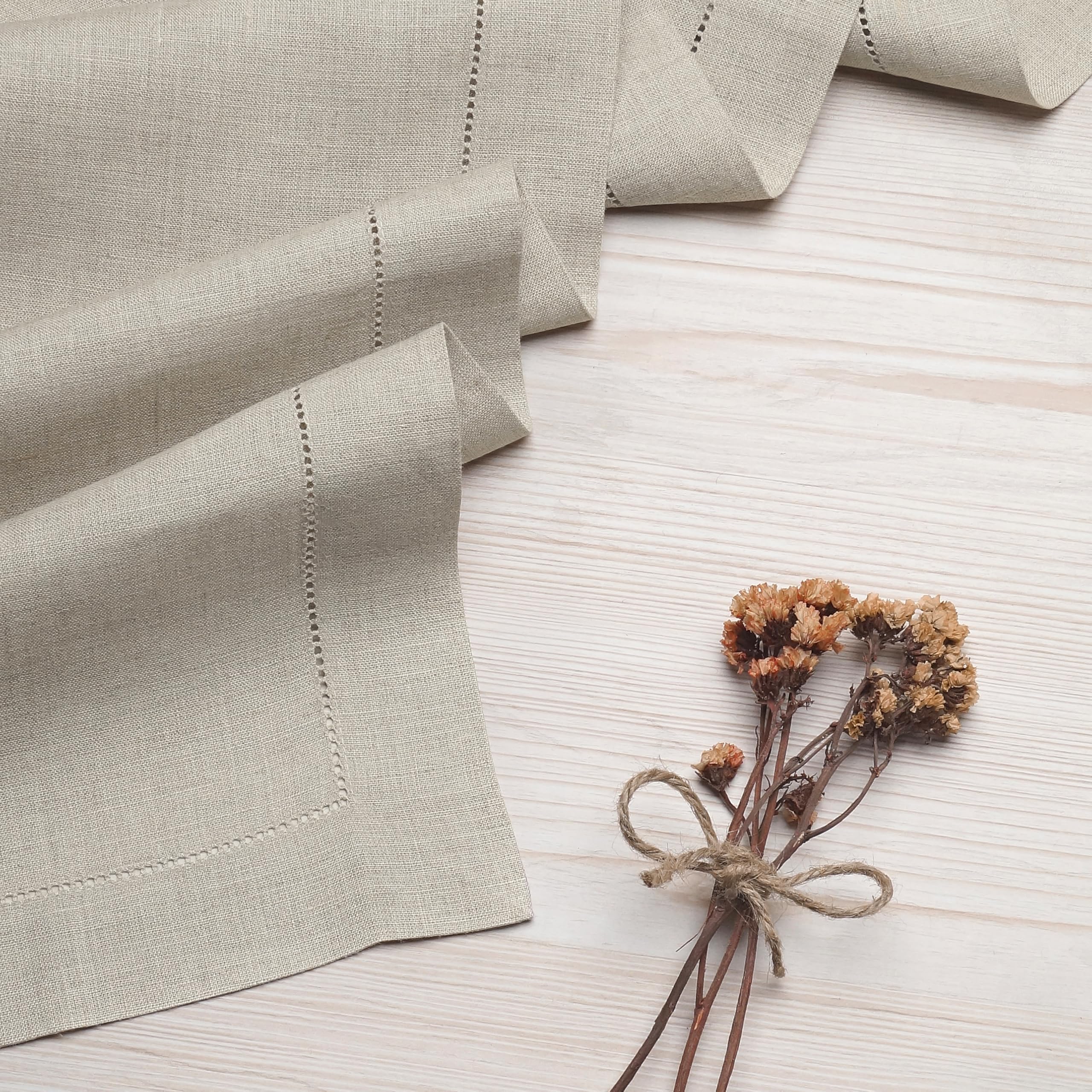 D'Moksha Homes 100% Pure Linen Table Runner 14x144 Inch - Classic Hemstitch Natural Tablecloth Decor - Machine Washable Farmhouse Dining Table Runner for Easter, Thanksgiving, Wedding & Home Decor