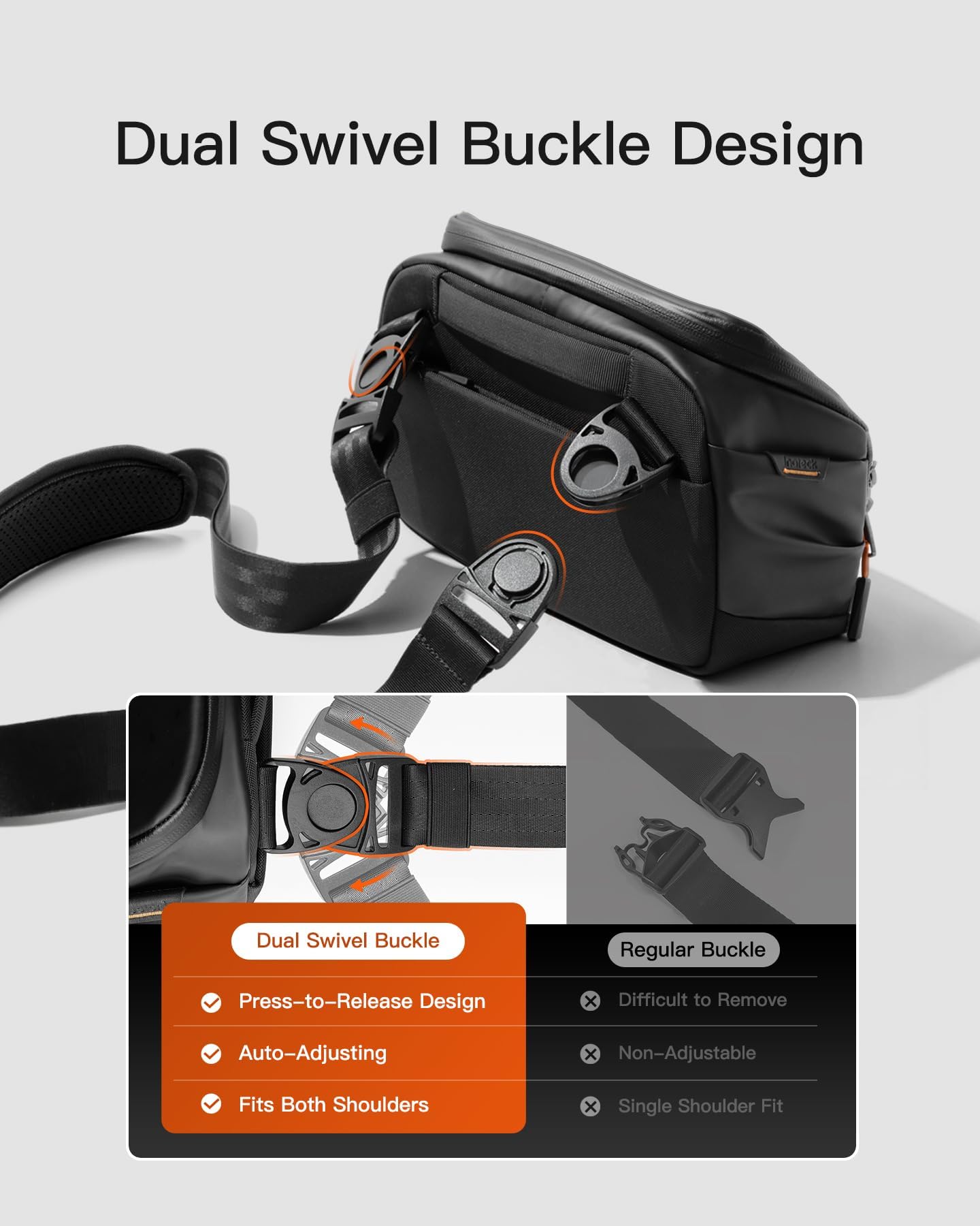 Inateck Sling Bag X-Modo - 135° Opening Water-Resistant Crossbody Bag for Men & Women | Fits iPad Mini, Nintendo Switch, Hard Drives & Headphones | Perfect for Travel, Commuting & Outdoor Adventures (Black)