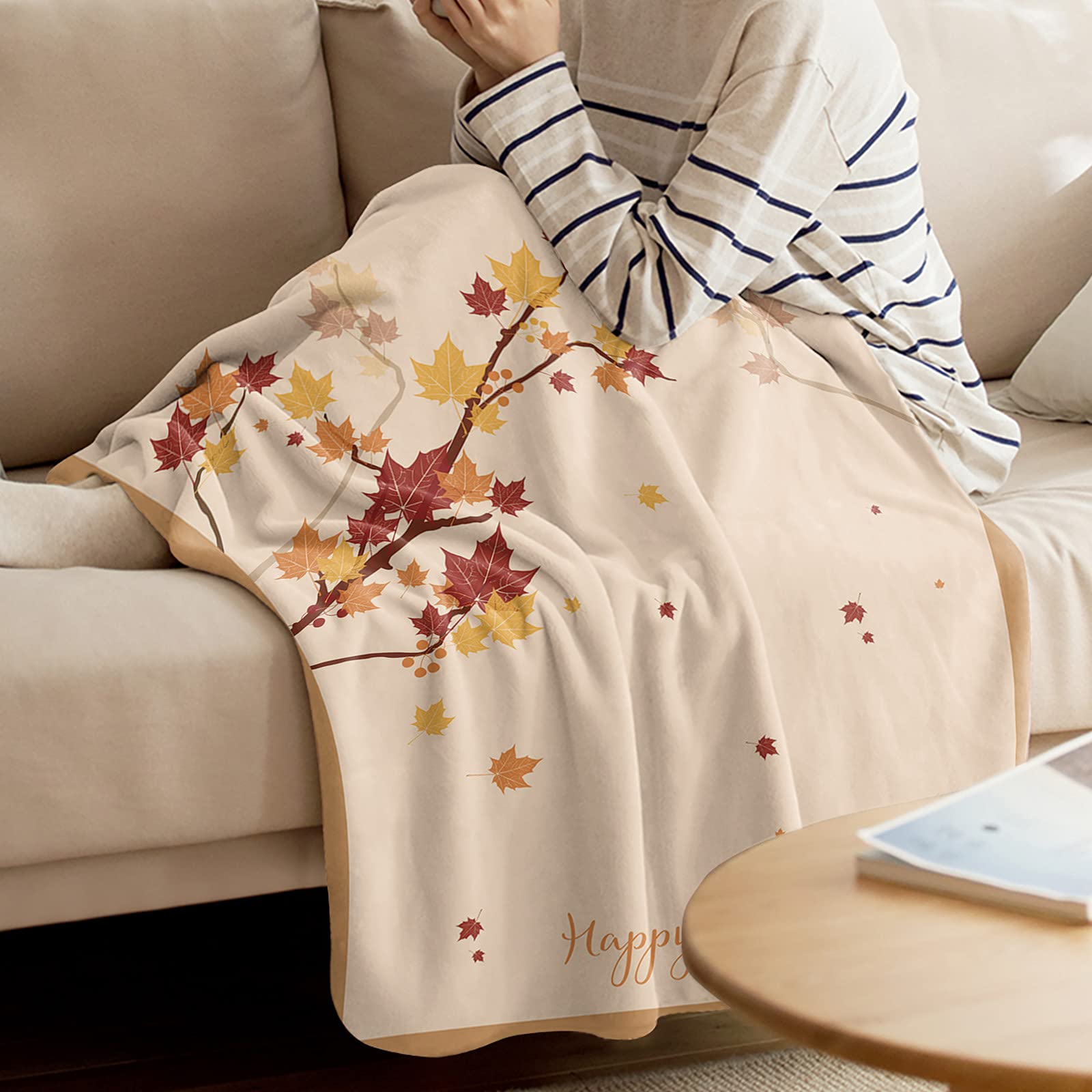 Smile Sunflower Flannel Fleece Blanket 49x79 Inch - Ultra Soft Cozy Throw Blanket for Bed, Couch & Sofa - Happy Thanksgiving Autumn Maple Leaves Design - Warm Lightweight Blanket for Fall Season, Home Decor, Gift Giving & Cozy Evenings