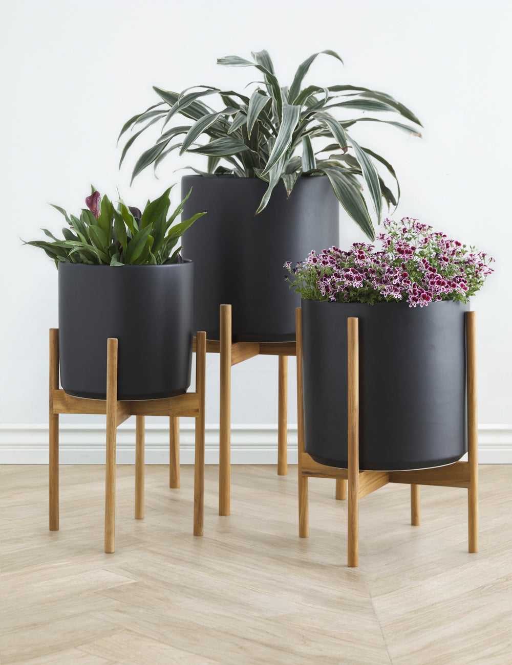 LBE Design Ceramic Planter Pot with Teak Wood Stand - Modern Indoor/Outdoor Flower Pot for Home Decor, Office & Garden Plants