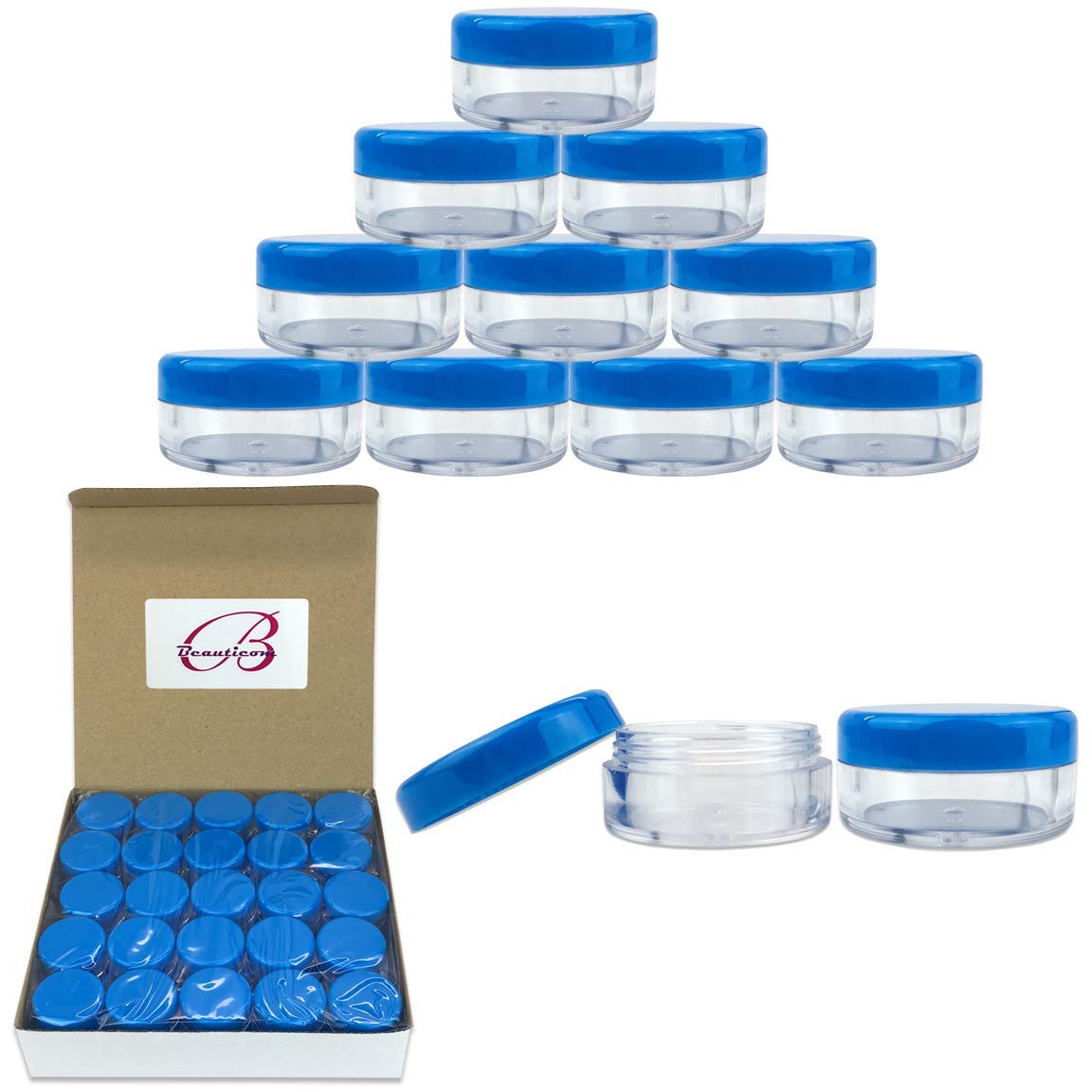 50-Piece 5g/5ml Clear Round Acrylic Jars with Blue Lids - Perfect for Cosmetics, Lotions, Creams, Makeup, Beads, Charms & DIY Crafts - Ideal for Home Organizing, Travel Containers & Small Item Storage