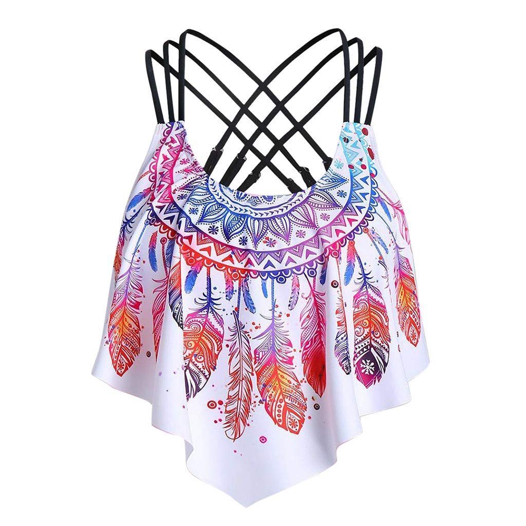 iYBWZH Women's Crisscross Strappy Padded Bikini Top - Feather Print Flounce Overlay Tankini Swimwear for Beach, Pool & Vacation