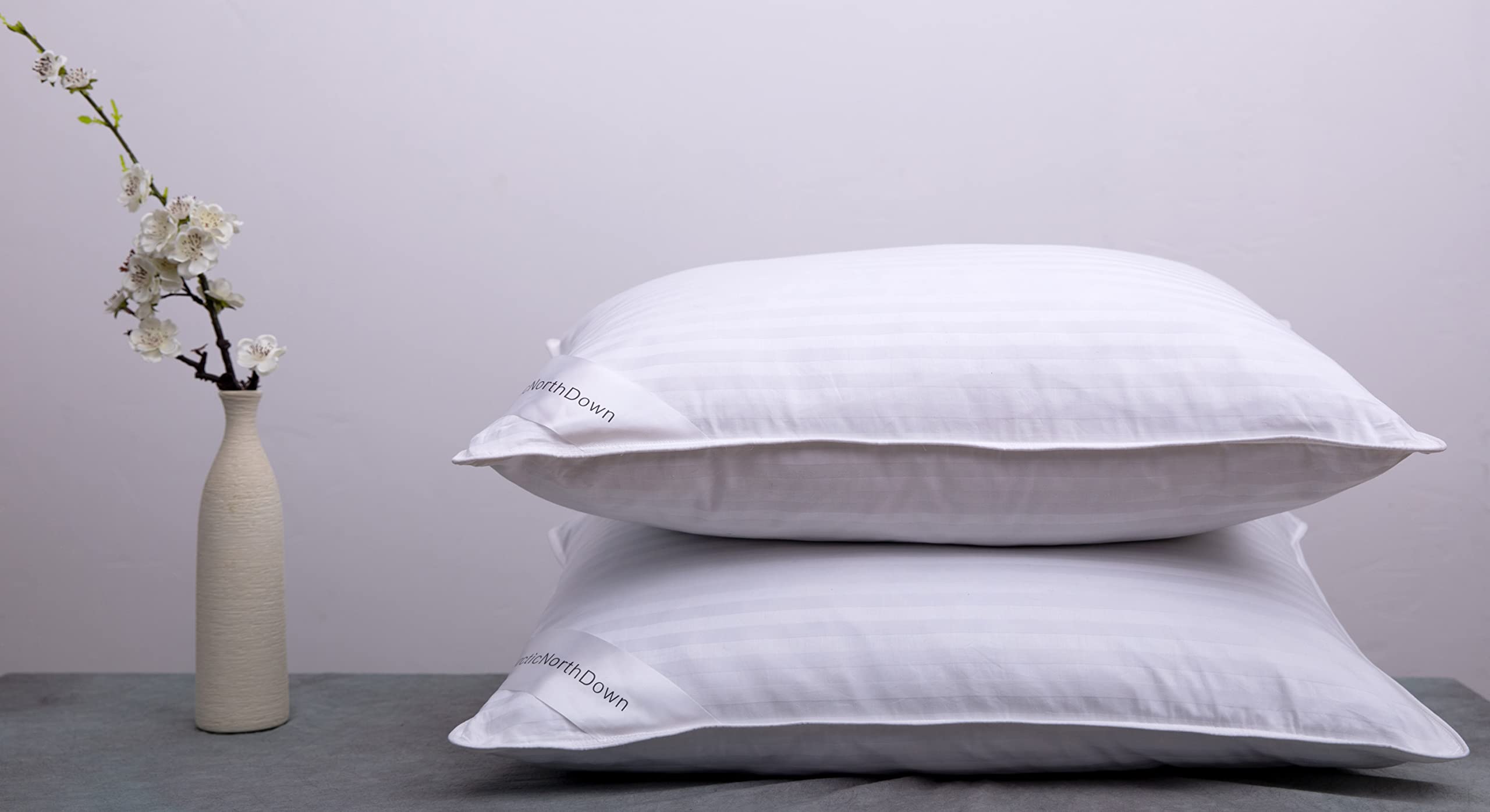 ArcticNorth Premium Goose Down Feather Pillows - Queen Size Set of 2, Hotel Collection White Stripe Pillows for Side, Back & Stomach Sleepers - Ultra Soft Support for Bedroom, Guest Room & Luxury Hotels