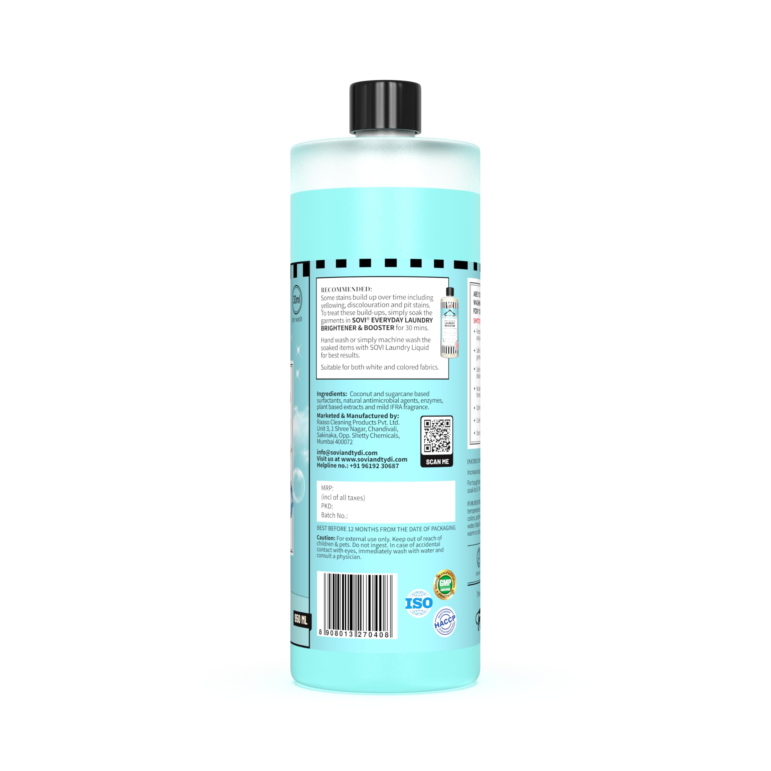 SOVI Bio Enzyme Liquid Laundry Detergent - Eco-Friendly & Biodegradable for Front Load & Top Load Washing Machines (950ml) - Fresh Clean Scent - Ideal for Sensitive Skin & Sustainable Home Cleaning