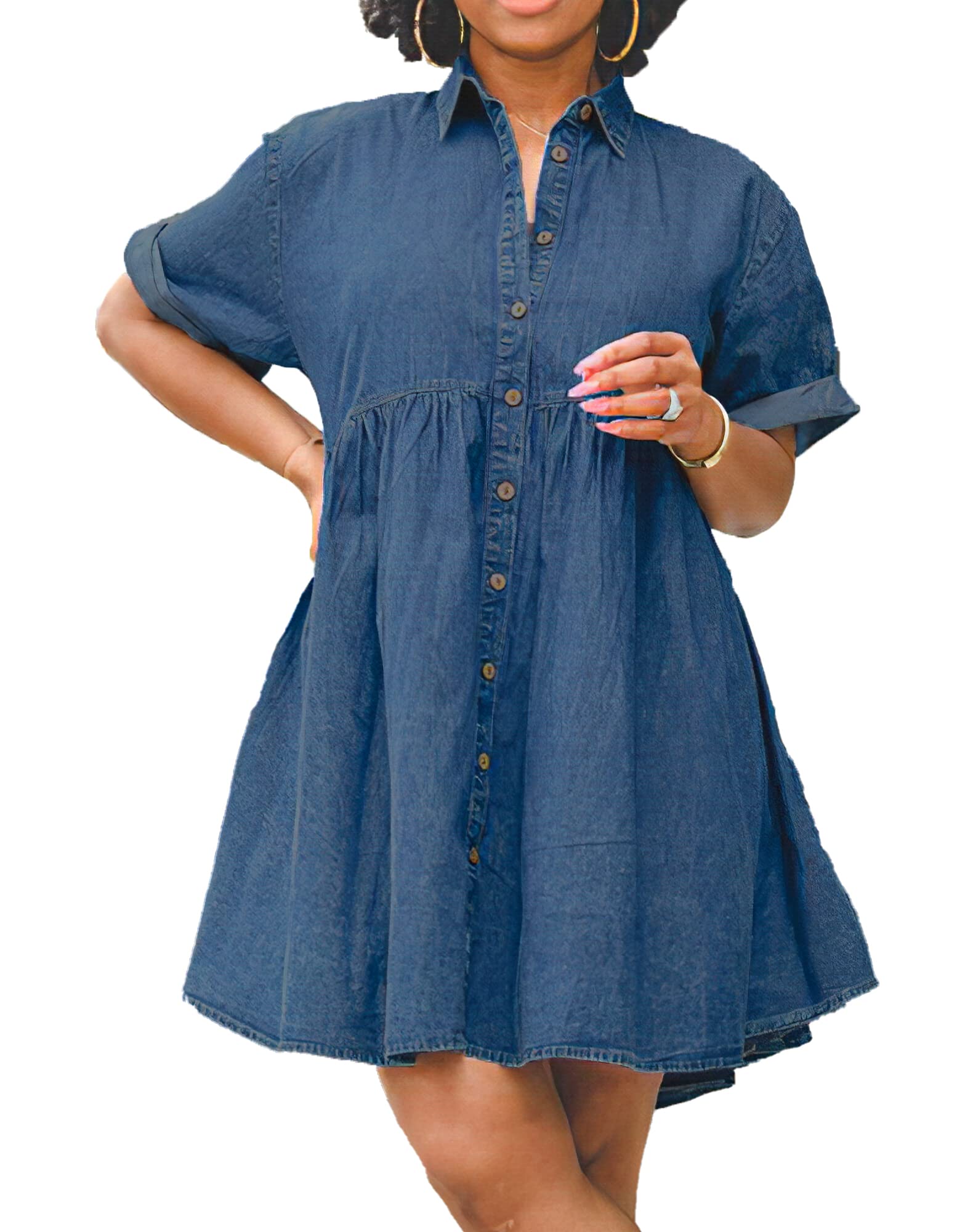 Women's Button Down Denim Babydoll Dress - Tiered Jean Dress for Casual Outings, Date Nights & Summer Fashion