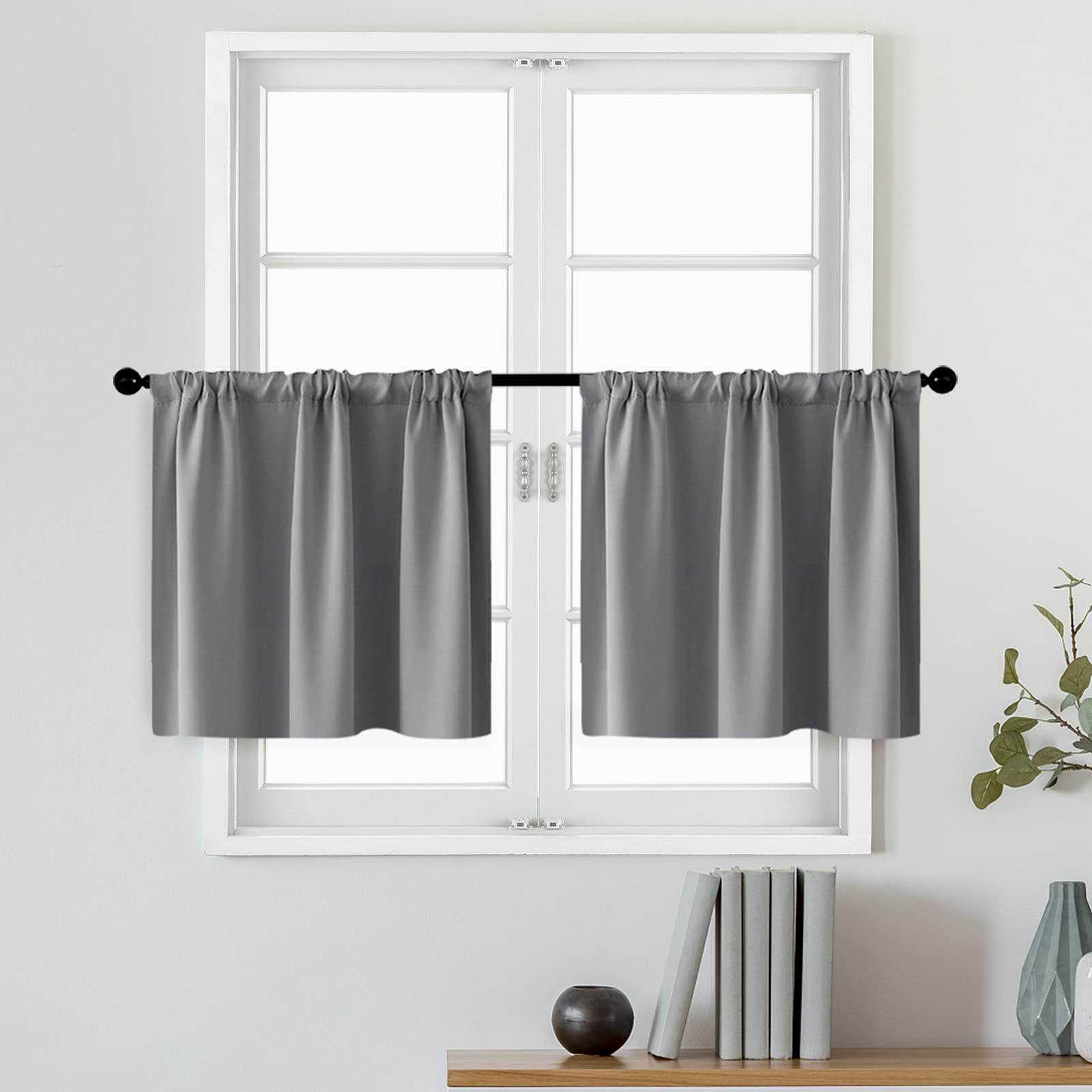 MRTREES Blackout Tier Curtains - 42 x 24 Inch Gray Kitchen & Bathroom Window Treatments - Triple Weave Short Cafe Curtains with Rod Pocket (2 Panels, Purple Grey) - Perfect for Small Windows, Privacy & Light Control in Bedrooms, Kitchens & Bathrooms