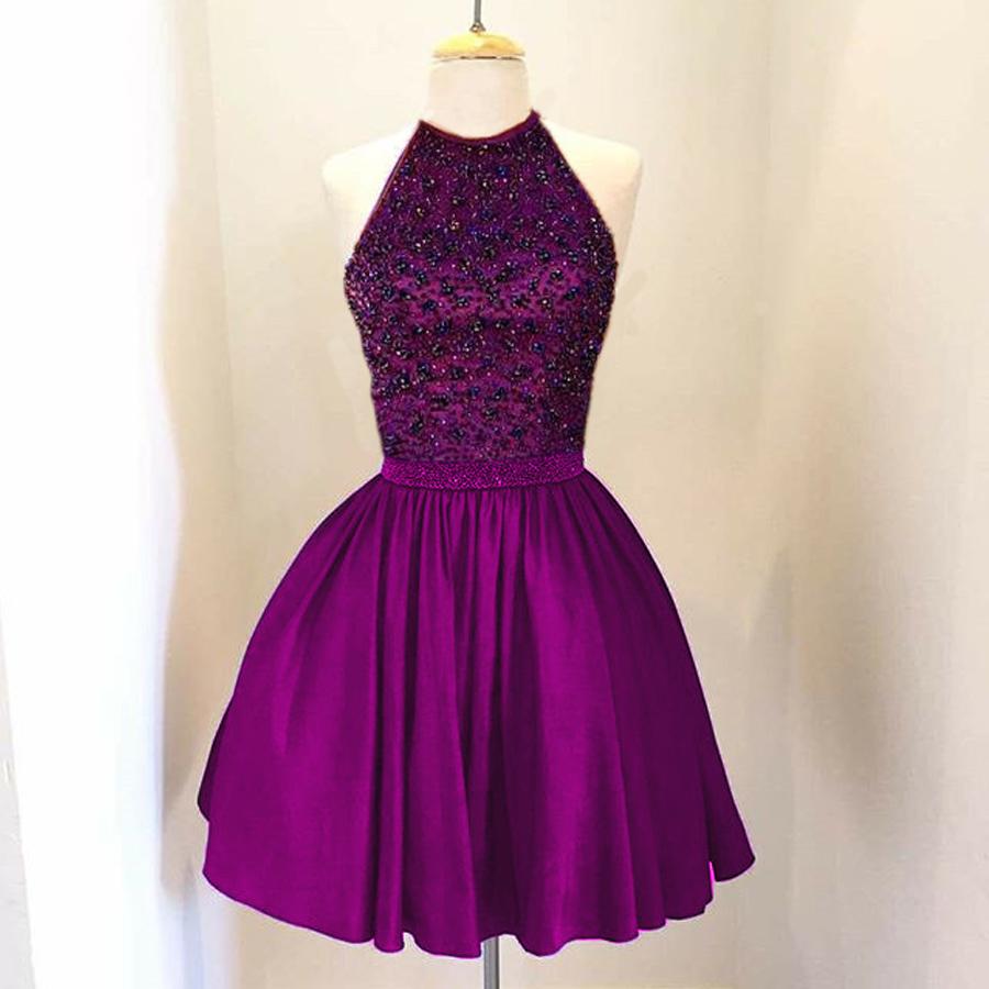 Elegant A-Line Beaded Halter Keyhole Back Satin Homecoming Dress - Short Prom Party Dress for Women | Perfect for Dances, Formals & Special Occasions