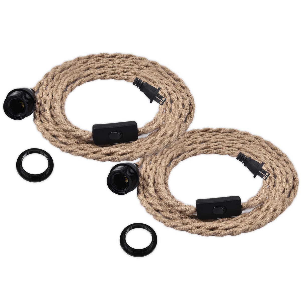 2 Pack 15Ft Industrial Pendant Light Cords with Switch - Vintage E26 Twisted Hemp Rope Plug-in Hanging Light Kit for Farmhouse, DIY Pendant Lighting Extension - Perfect for Kitchen Islands, Dining Rooms & Home Decor