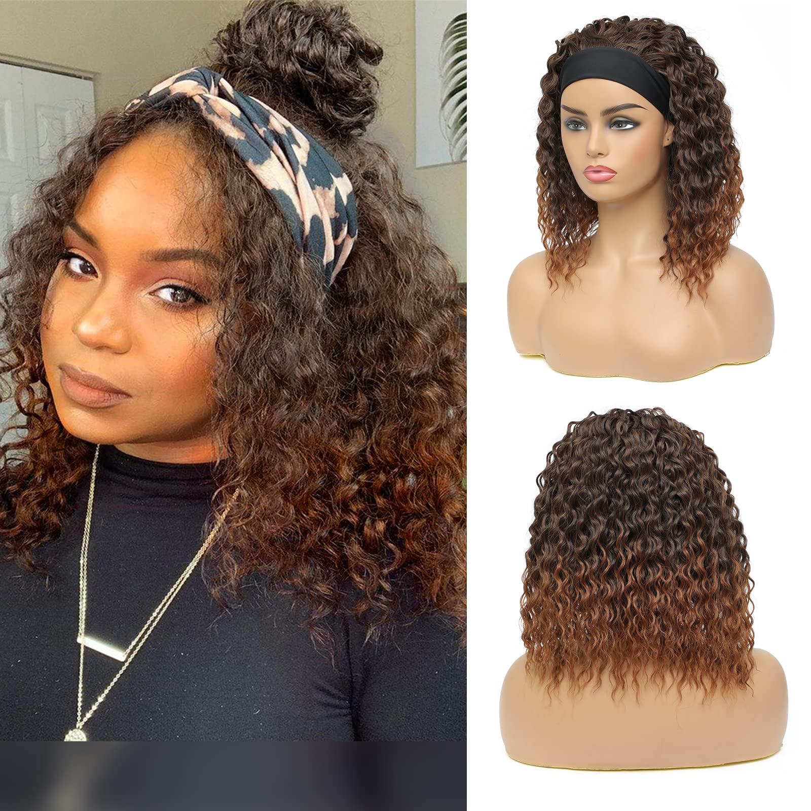 Alicoco 180% Density Water Wave Glueless Headband Wig for Women - Synthetic Half Wig with Attached Headbands (12 Inch, T30/16) - Perfect for Daily Wear, Cosplay & Fashion Styling