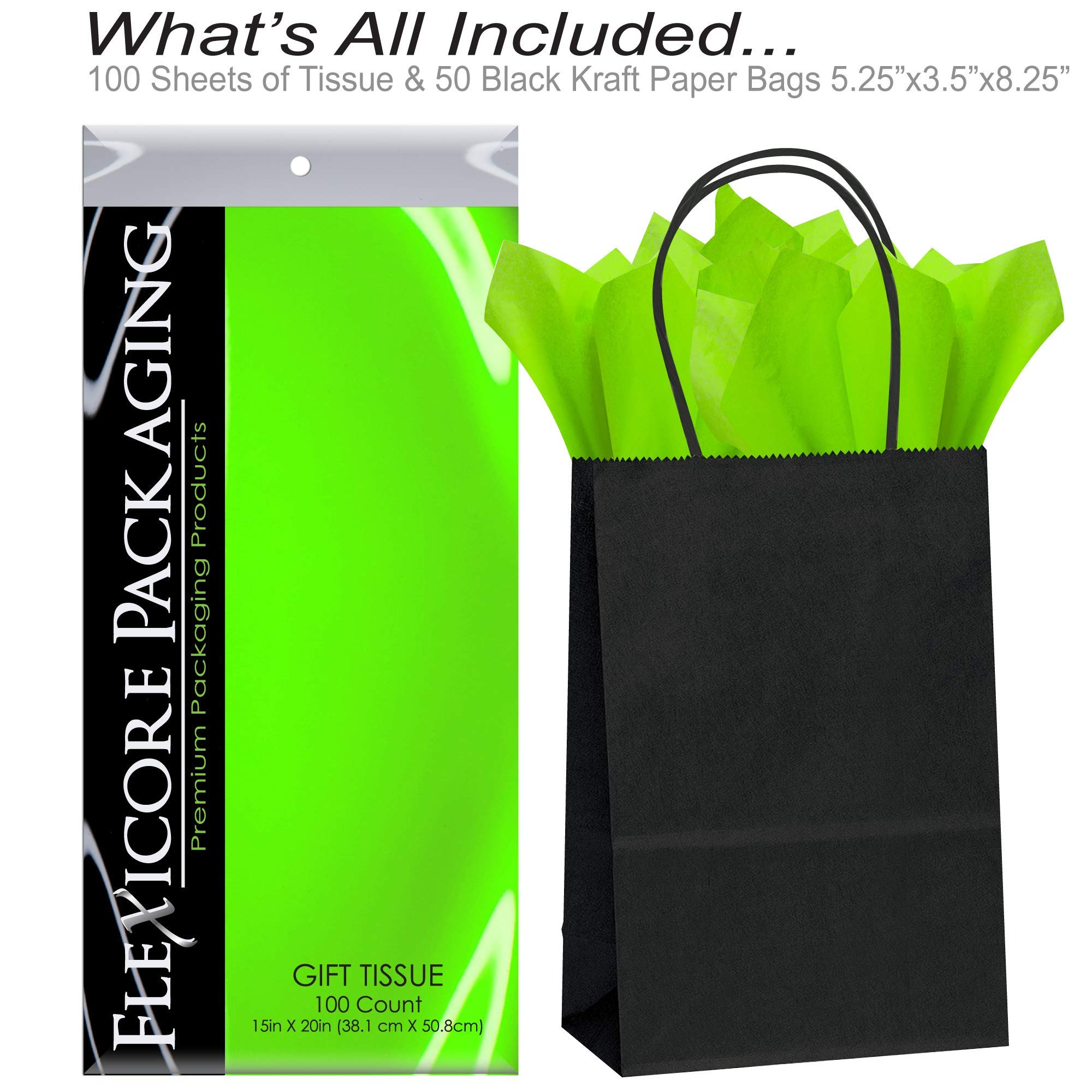 Premium Kraft Paper Gift Bags with Lime Green Tissue Wrap - 5.25