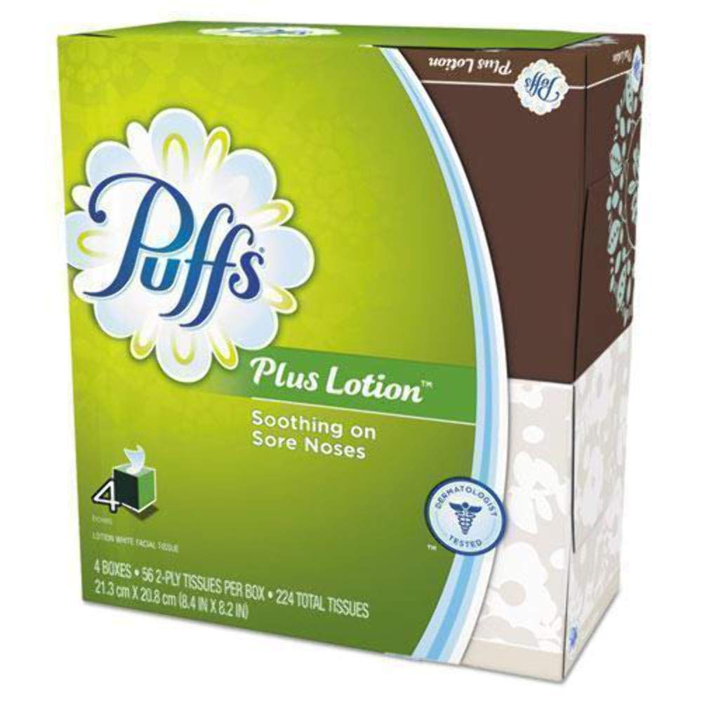 Soft & Strong Puffs Plus Lotion Facial Tissues - 4 Pack, White | Hypoallergenic for Sensitive Skin | Perfect for Home, Office & Travel