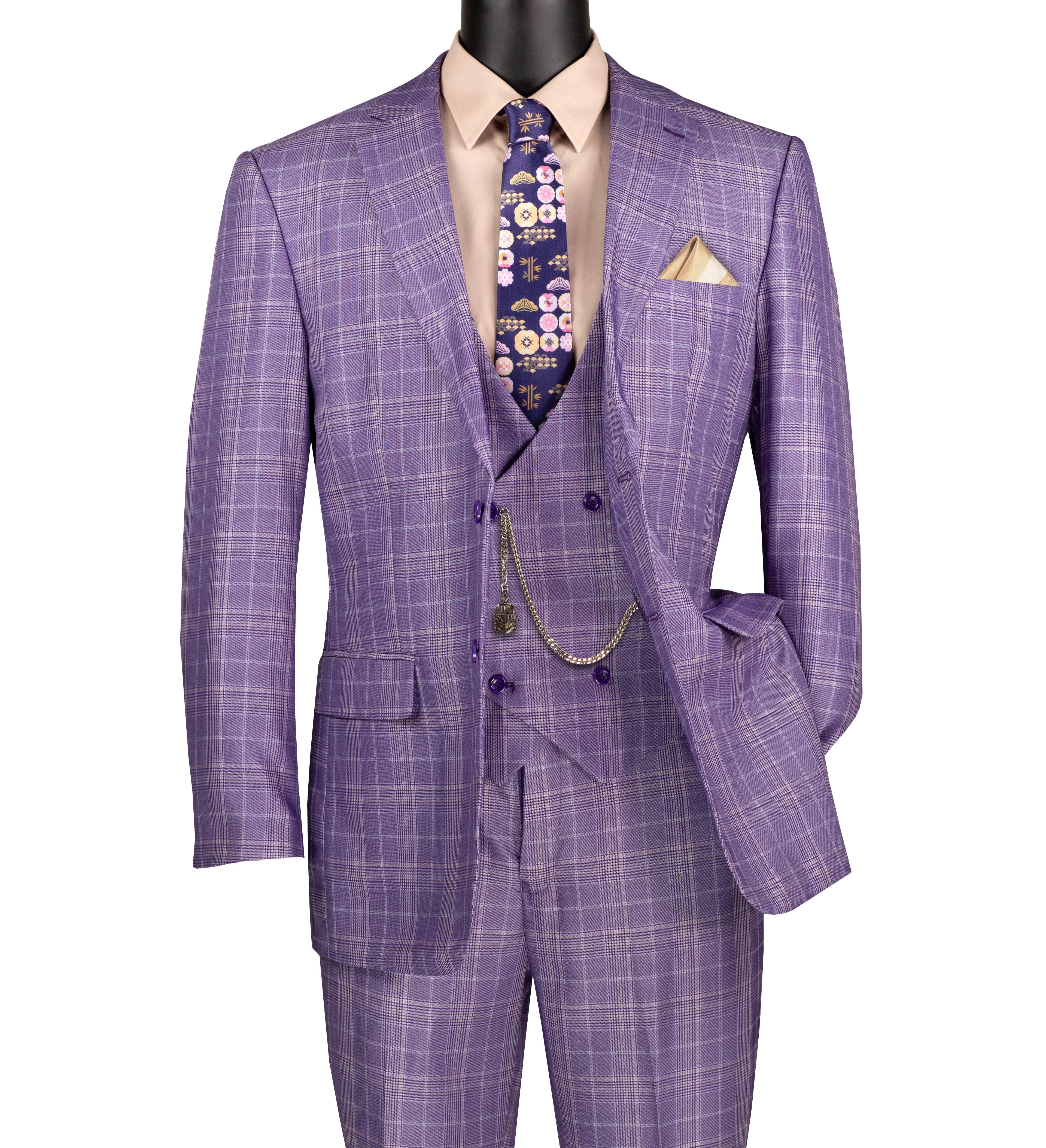 Men's Regular Fit Light Purple Glen Plaid 3-Piece Suit | Formal Business Attire | Wedding, Office & Special Occasion Outfit
