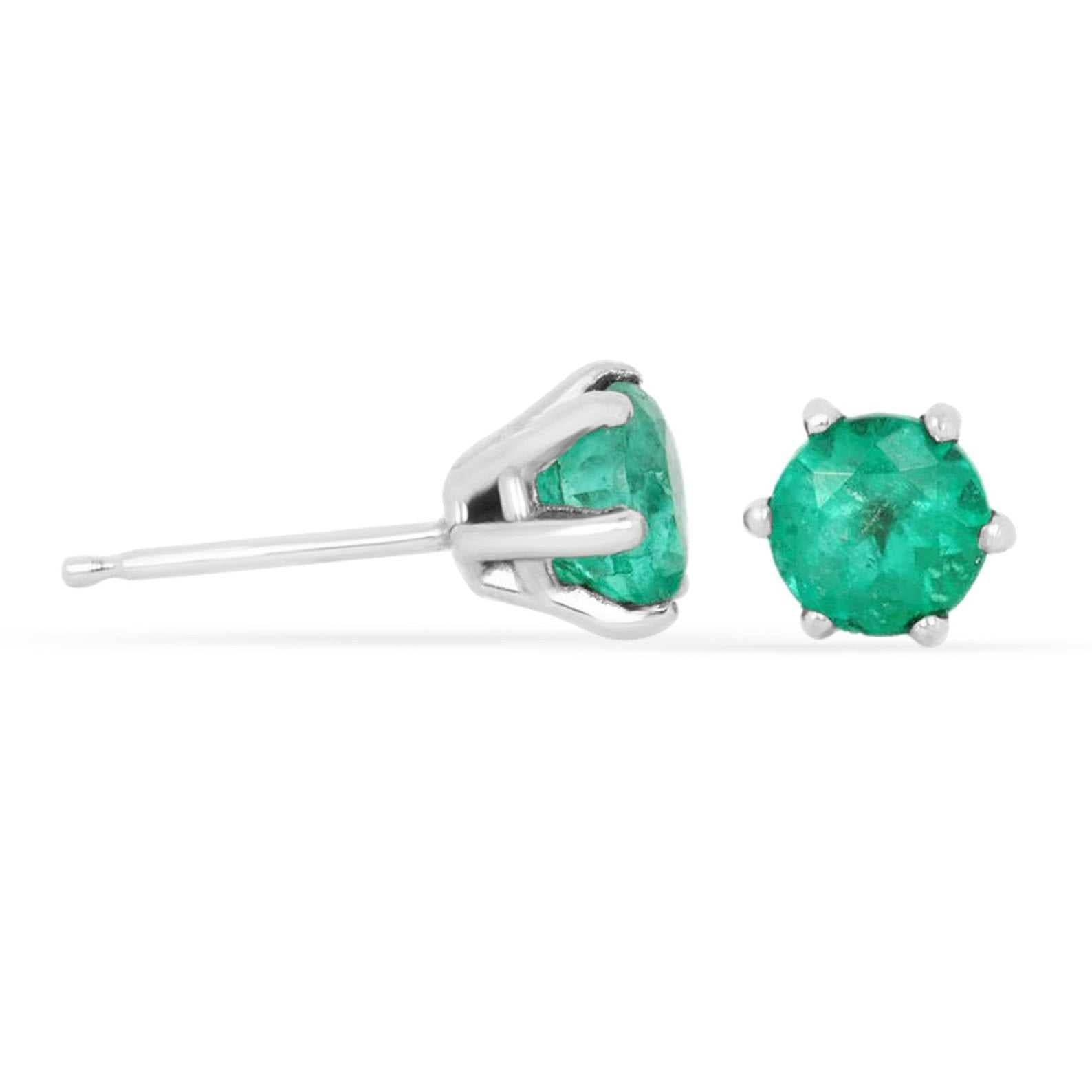 1.0tcw Six Prong Round Emerald Stud Earrings in 14K Gold - Perfect for Weddings, Anniversaries & Special Occasions