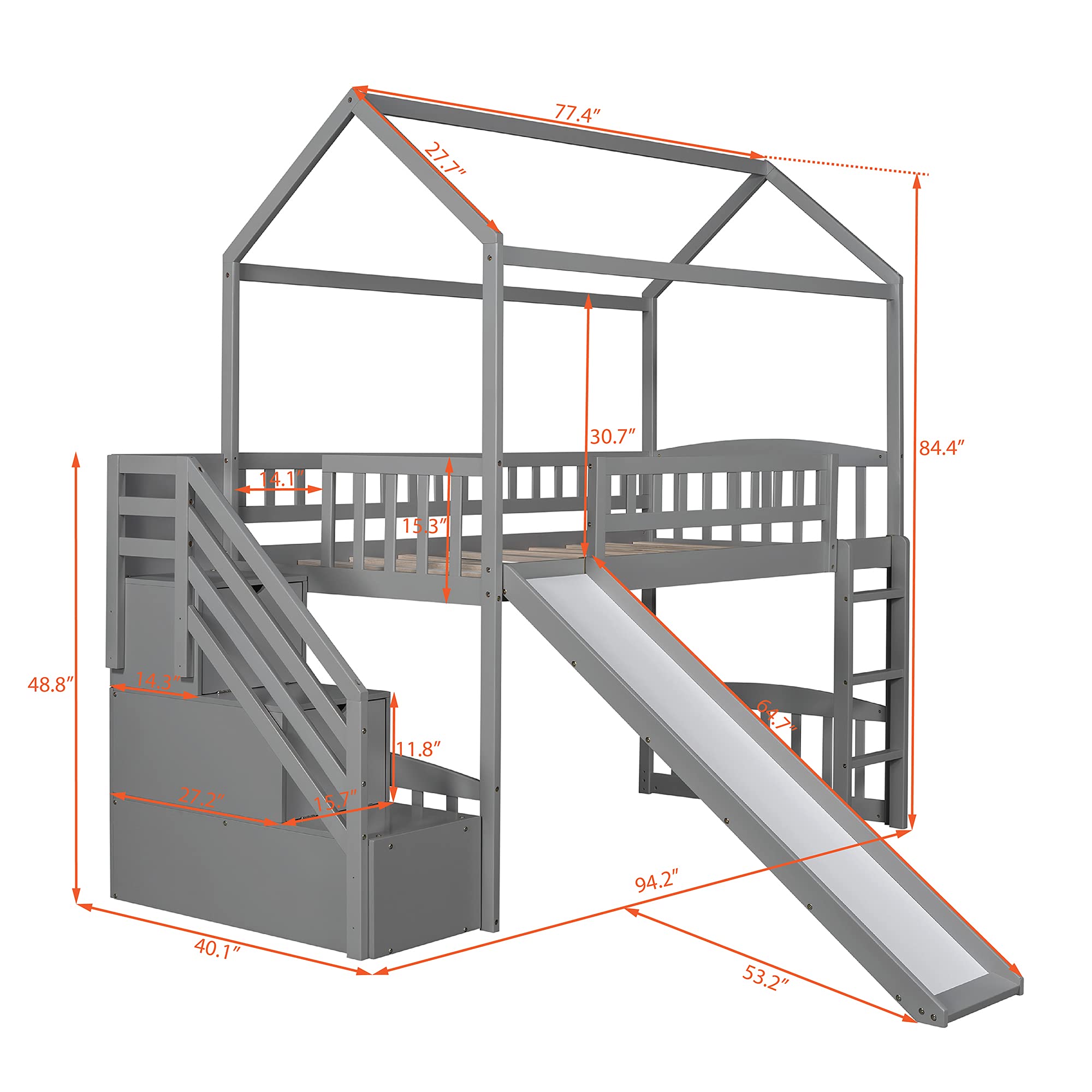 P PURLOVE Twin Over Twin Wooden Loft Bed with Slide, Staircase & Drawers for Kids - Space-Saving Bunk Bed with No Box Spring Needed - Perfect for Small Bedrooms, Playrooms & Dorm Rooms