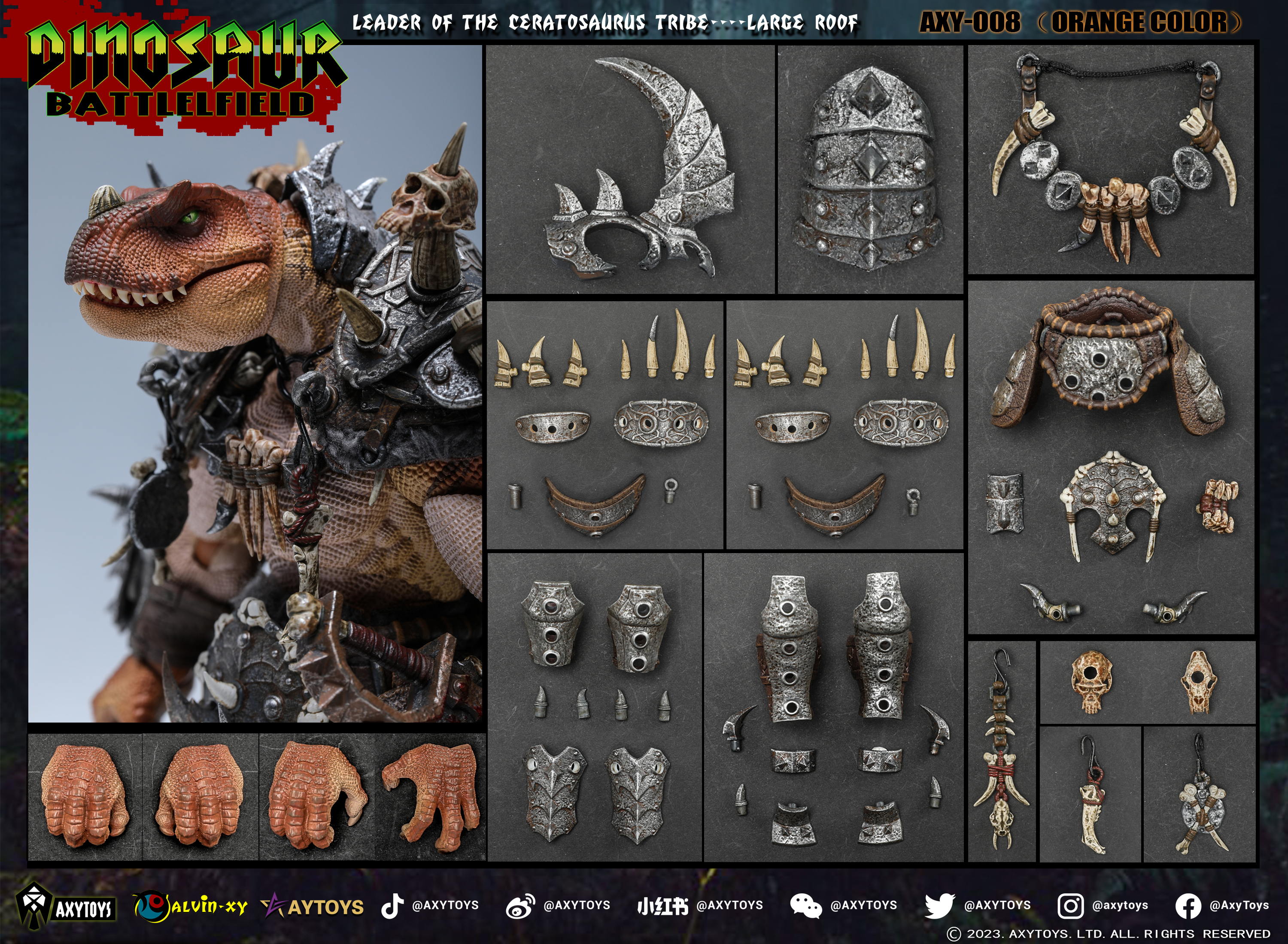 AxyToys 1/12 Scale 7.87-inch Ceratosaurus Dinosaur Action Figure - Deluxe Battlefield Tribe Set with Large Roof for Collectors & Diorama Displays | Perfect for Jurassic Scenes, Toy Photography & Model Dioramas