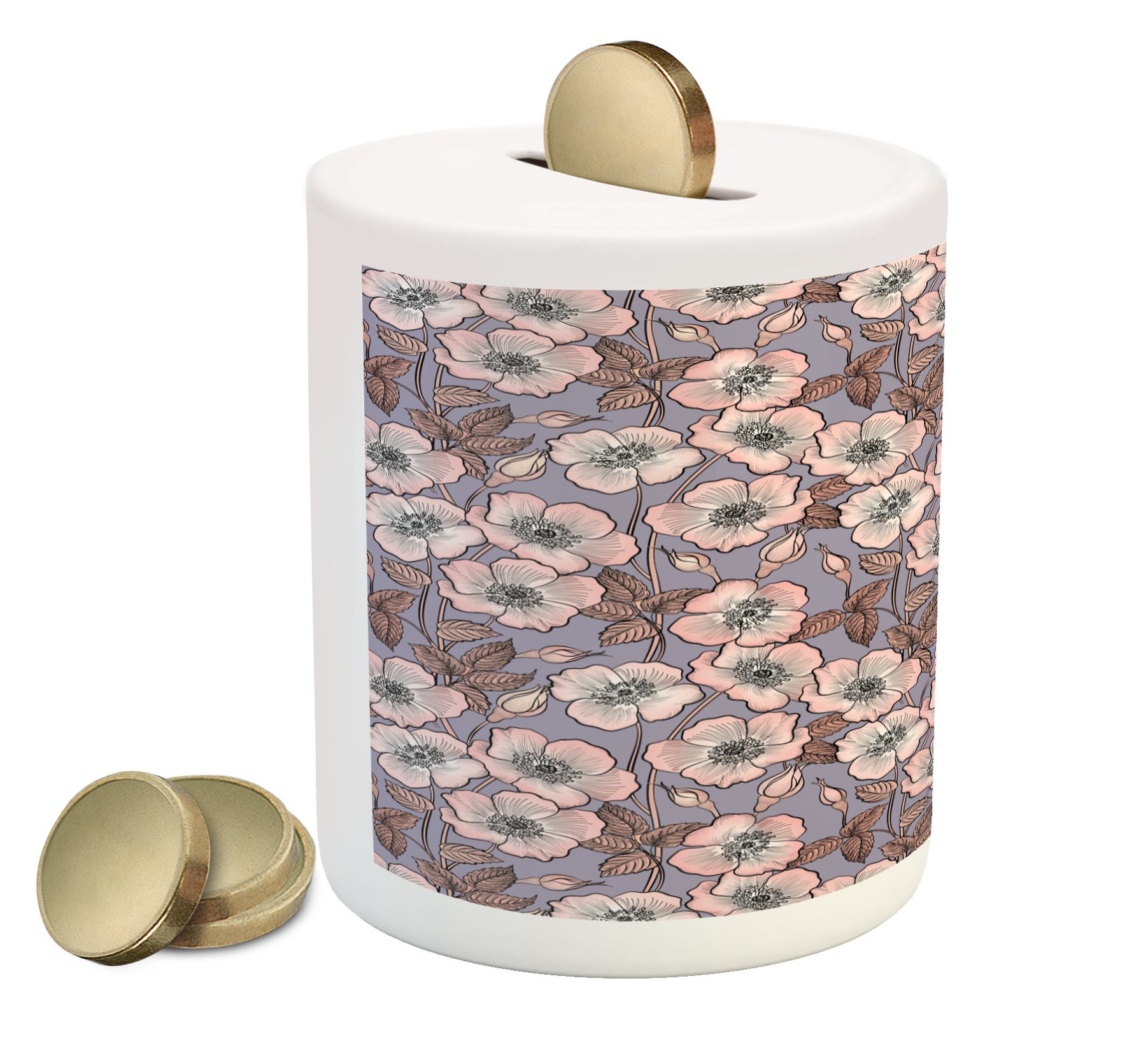 Ambesonne Vintage Ceramic Piggy Bank - French Garden Floral Design with Poppies Buds, Money Box for Cash Savings in Mauve Blush | Perfect Gift for Kids, Collectors & Home Decor