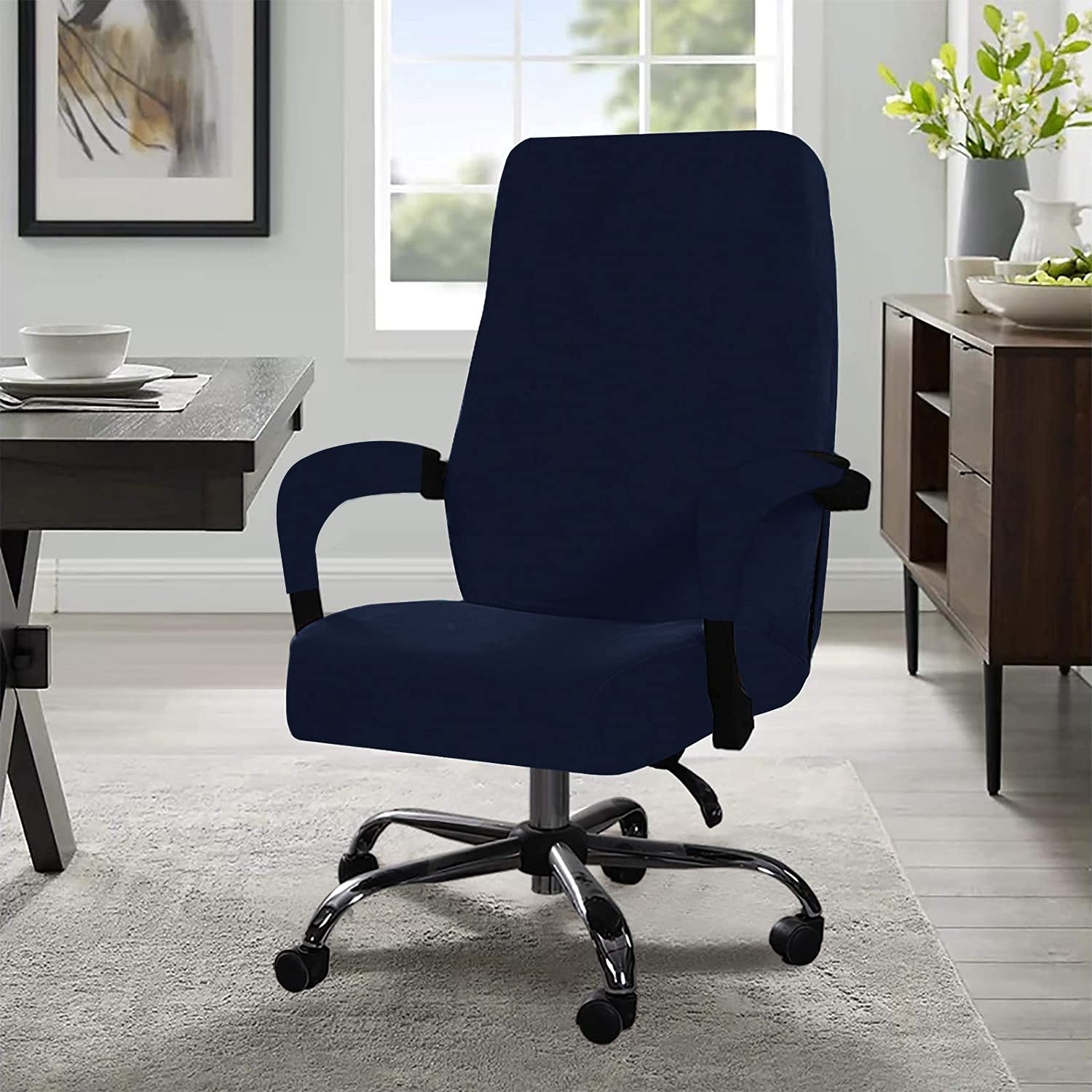 Stretchable Velvet Office Chair Cover - Removable & Washable Universal Elastic Slipcover for Computer, High Back & Rotating Chairs - Modern Minimalist Design (Navy Blue, Large) - Perfect for Home Office, Gaming & Workspace Decor