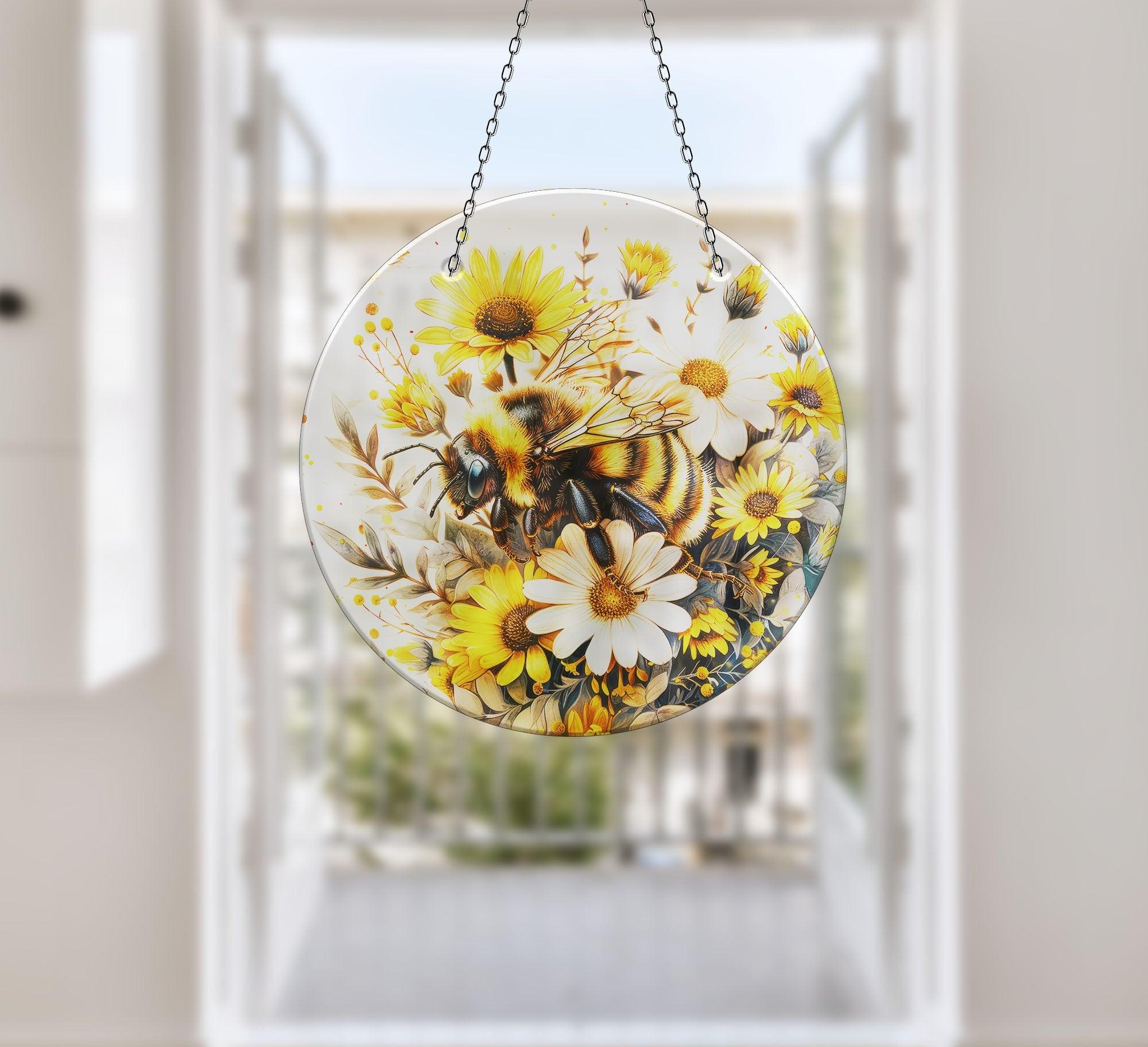 Bee & Daisies Stained Glass Suncatcher - Handmade Window Decor for Home, Office, Garden - Perfect for Gifts, Wedding Decorations & Boho Style Rooms