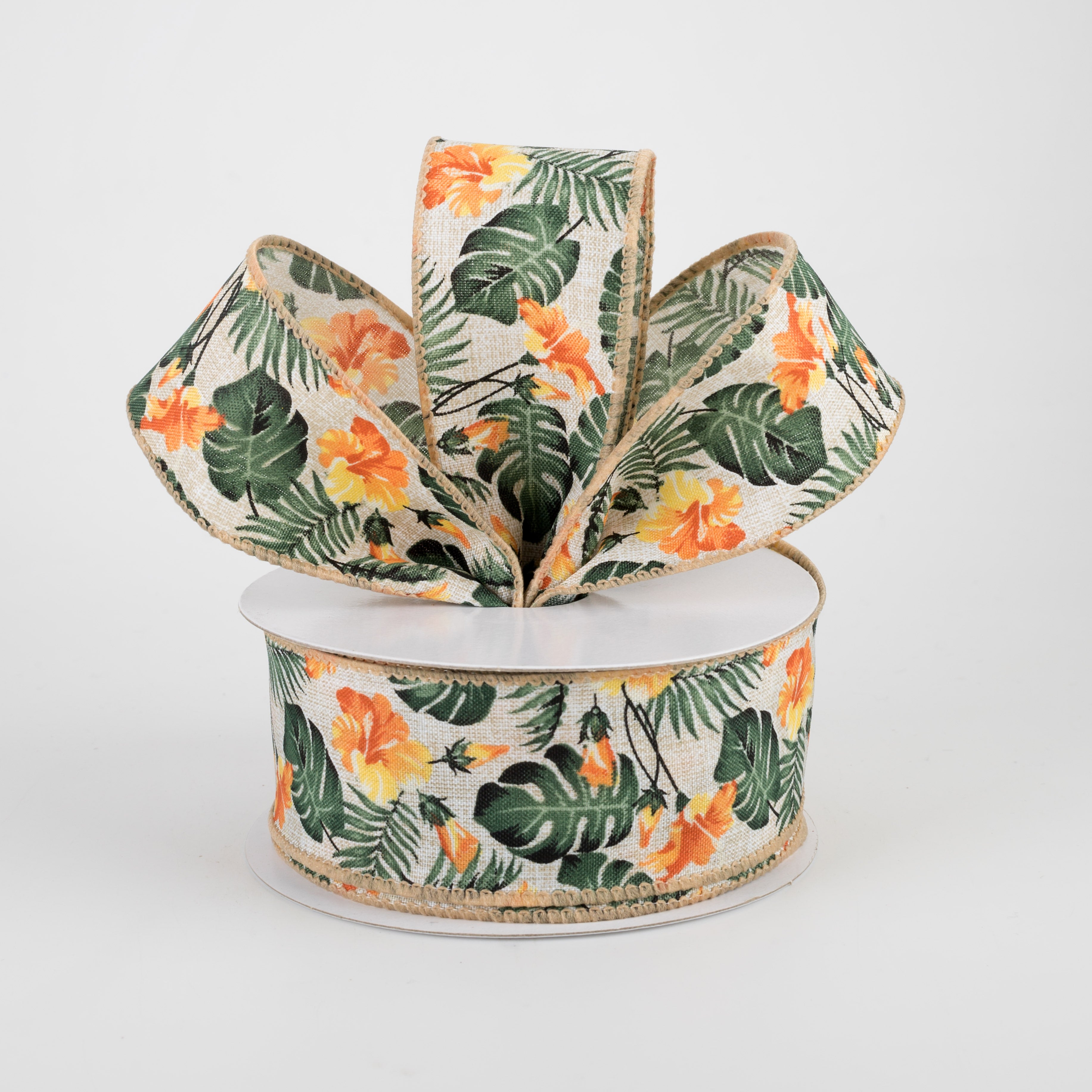 1.5 Inch Hibiscus Monstera Leaves Ribbon - Natural & Orange Floral Ribbon for Gift Wrapping, DIY Crafts, Scrapbooking, Wedding Decor (10 Yards)