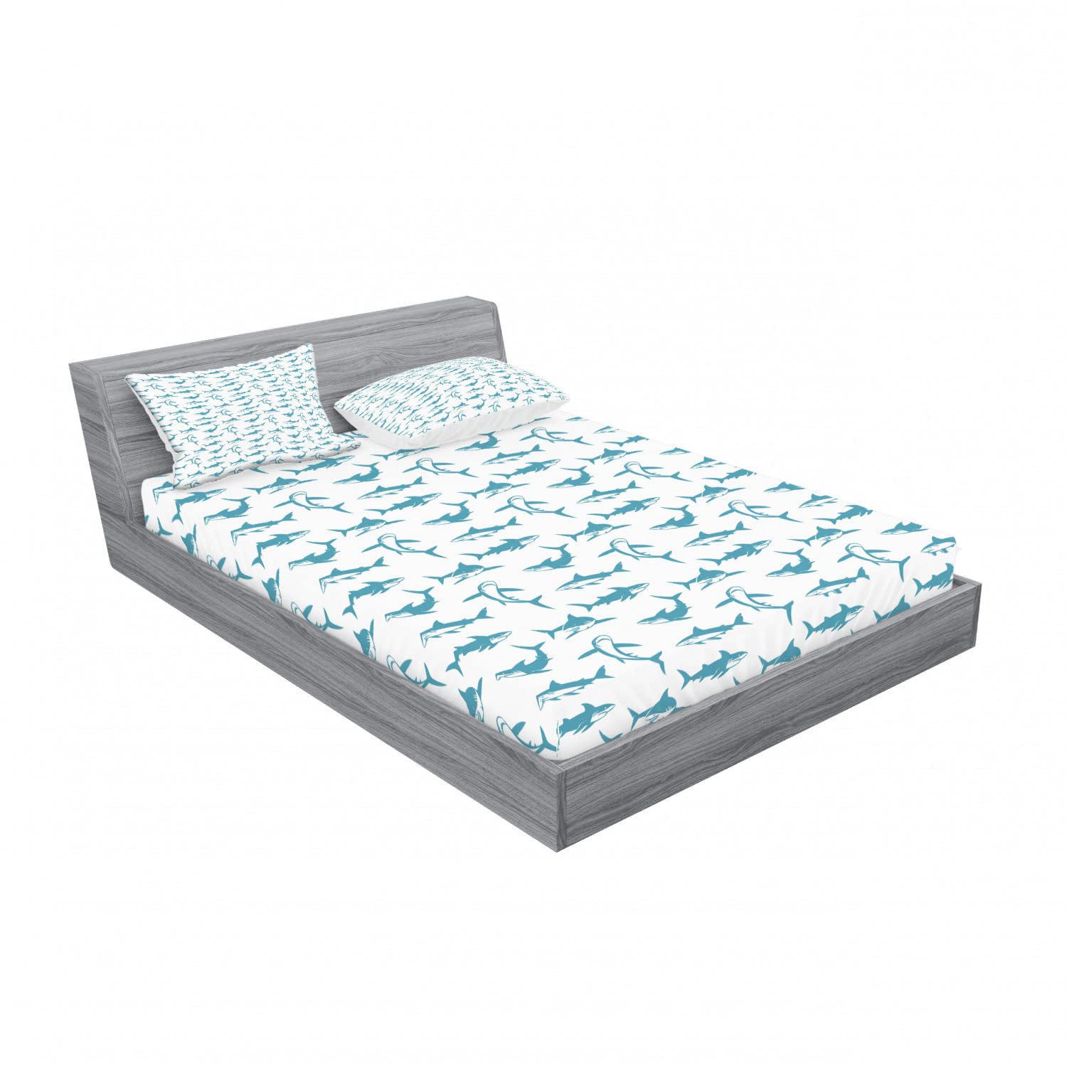 Ambesonne Shark 2-Pack Full Size Fitted Sheet & Pillow Sham Set - Scary Predator Ocean Theme Bedding Decor (4-Piece Set, Blue & White) for Kids' Room, Beach House, or Shark Lover's Bedroom