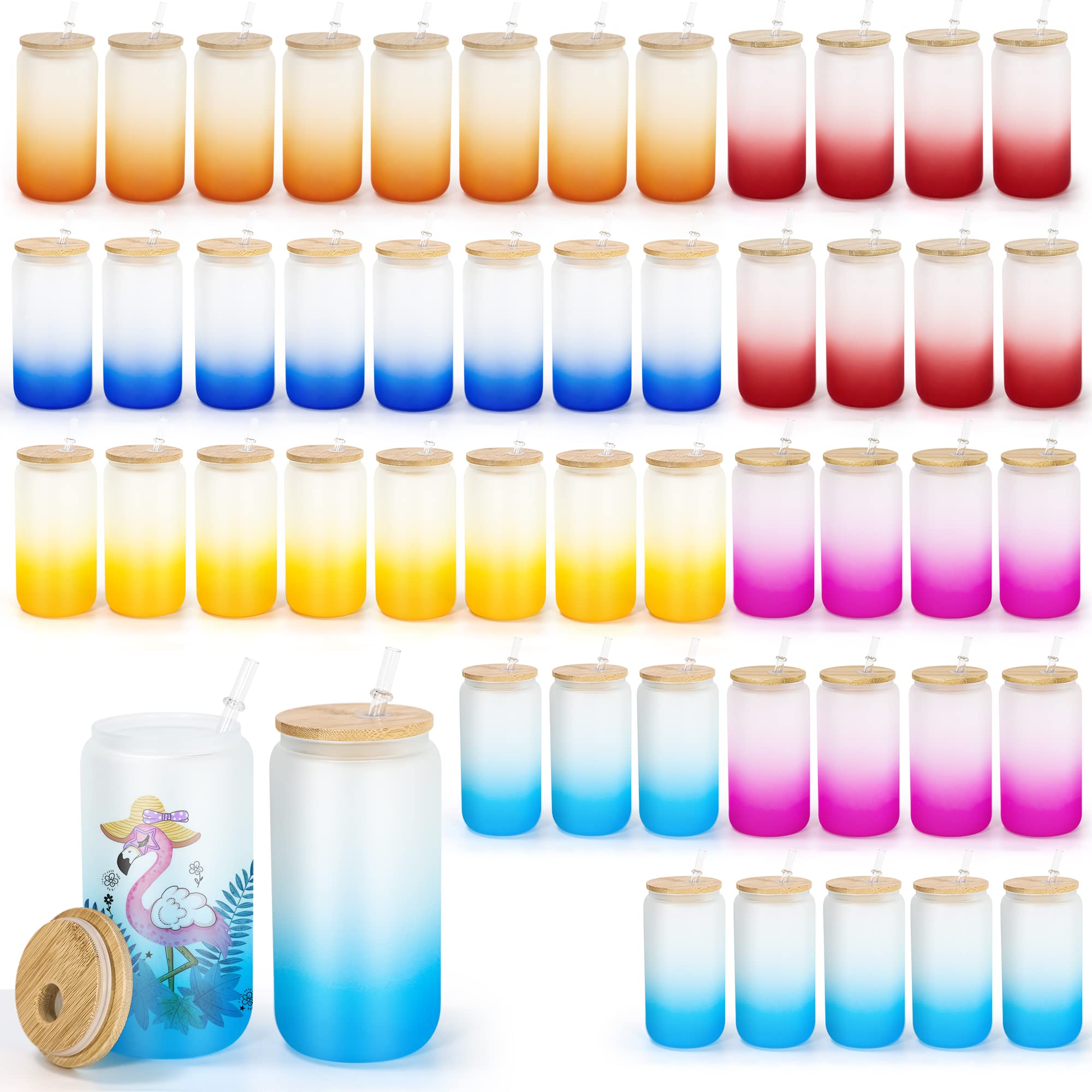 16oz Frosted Sublimation Glass Cups with Bamboo Lids & Straws - 50 Pack BPA-Free Beer Can Shaped Tumblers - Ideal for Coffee, Iced Tea, and Cold Beverages at Home, Office, or Outdoor Events