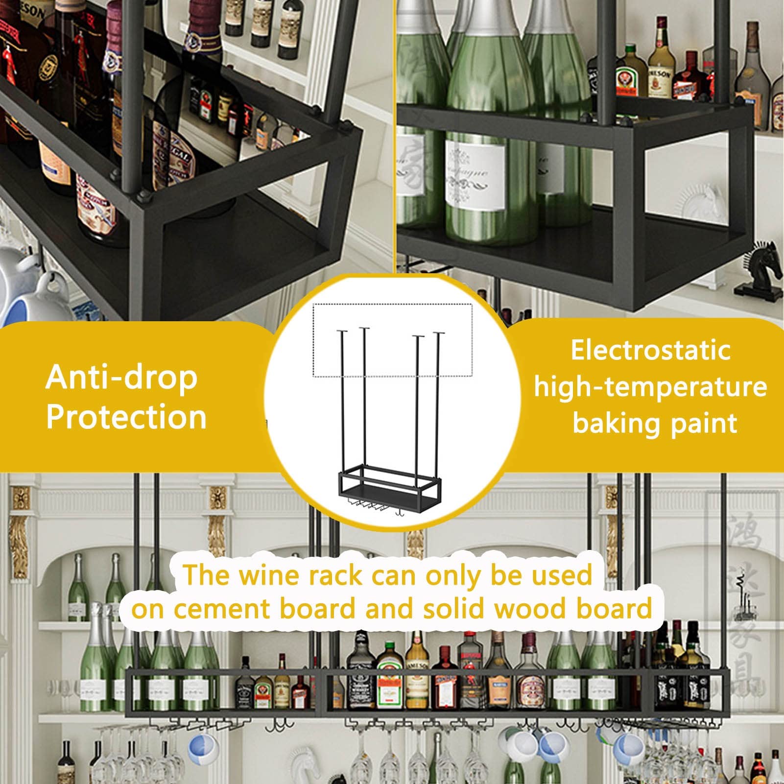 Black Iron Ceiling Hanging Wine Rack - Adjustable Height (60x25x21cm) for Wine Bottles & Glass Goblets Storage | Rustic Bar, Kitchen Decor | Perfect for Dining Rooms, Restaurants & Home Wine Cellars