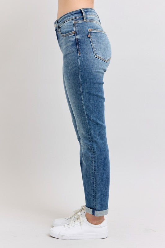 Judy Blue Women's Plus Size Mid Rise Skinny Jeans with Cuff & Pockets - Comfortable Stretch Denim for Casual Wear & Everyday Outfits
