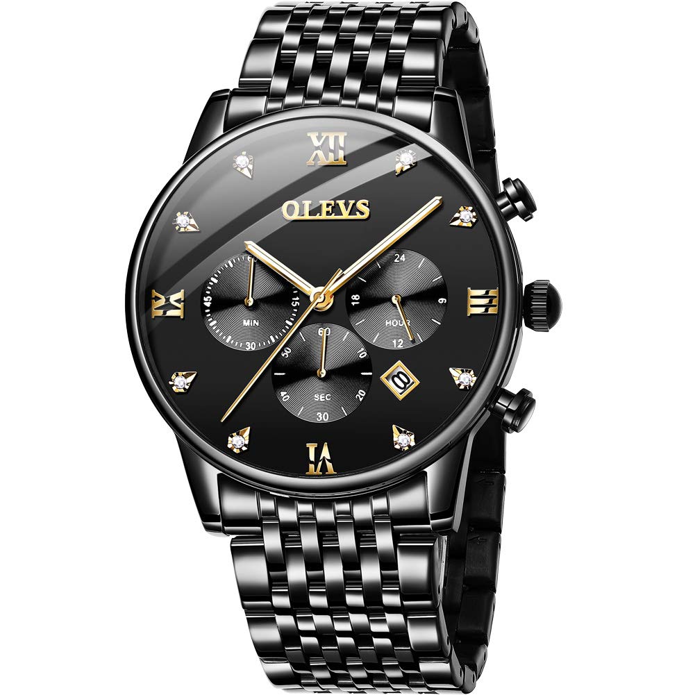 OLEVS Men's Chronograph Watch with Calendar, Luminous Analog Display, Quartz Movement - Stainless Steel Bracelet, Silver/Black - Sport, Casual & Business Wristwatch for Everyday Wear, Office & Outdoor Activities