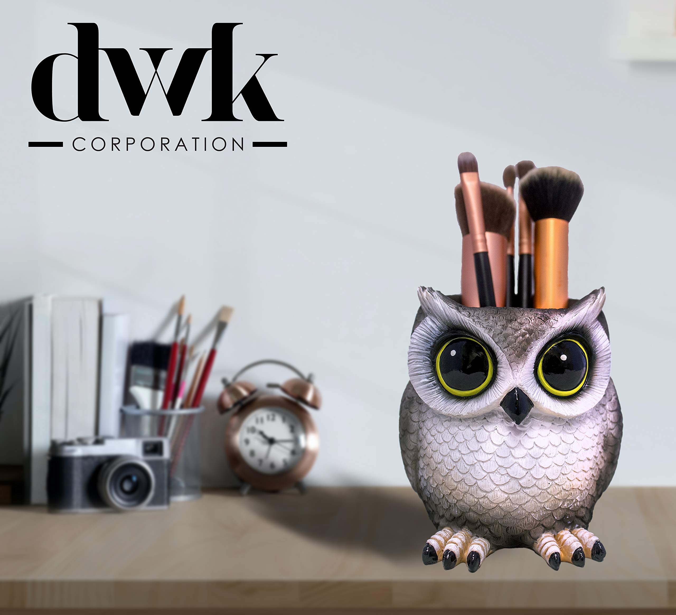 DWK Grey Owl Makeup Brush Holder Organizer | Handmade Vanity Organizer with Farmhouse Style | Cute Owl Decor for Bathroom & Bedroom | Perfect Gift for Makeup Lovers & Home Decor - 4