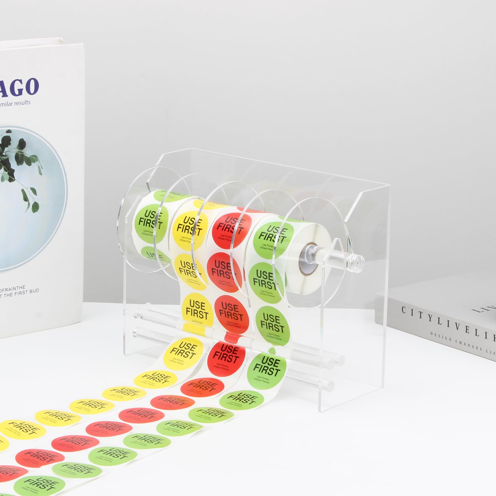Adjustable Acrylic Label Dispenser - Transparent Sticker Roll Holder & Organizer Stand for Office & Home Desktop Use (6 Disks Included) - Perfect for Organizing Shipping Labels, Craft Supplies & Office Filing