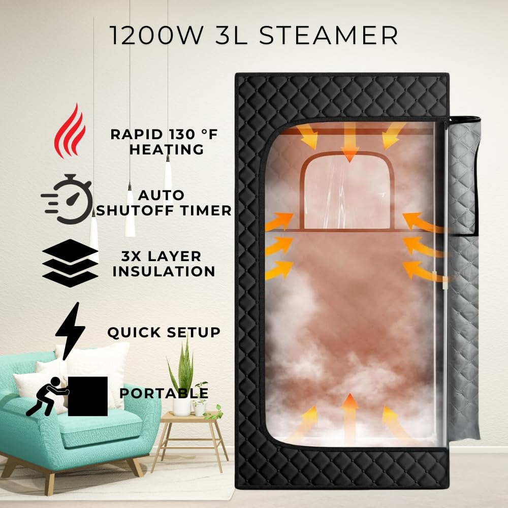 ONERVA™ Portable Steam Sauna Tent for Home - 3L Steamer, 130°F Heat, Remote Control & Folding Chair (Black) | Personal Detox, Relaxation & Weight Loss Solution | Perfect for Home Spa, Yoga Recovery & Stress Relief