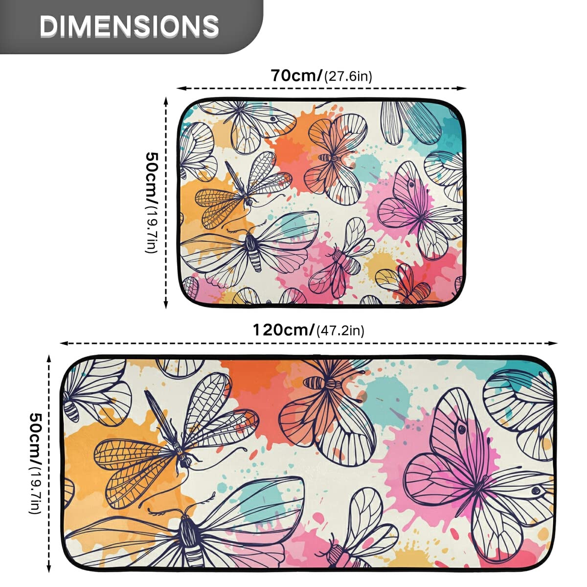 Butterfly & Dragonfly Non-Slip Kitchen Rug Set of 2 - Washable Floor Mats for Kitchen, Laundry Room - Decorative Home Accents for Farmhouse & Boho Style Decor