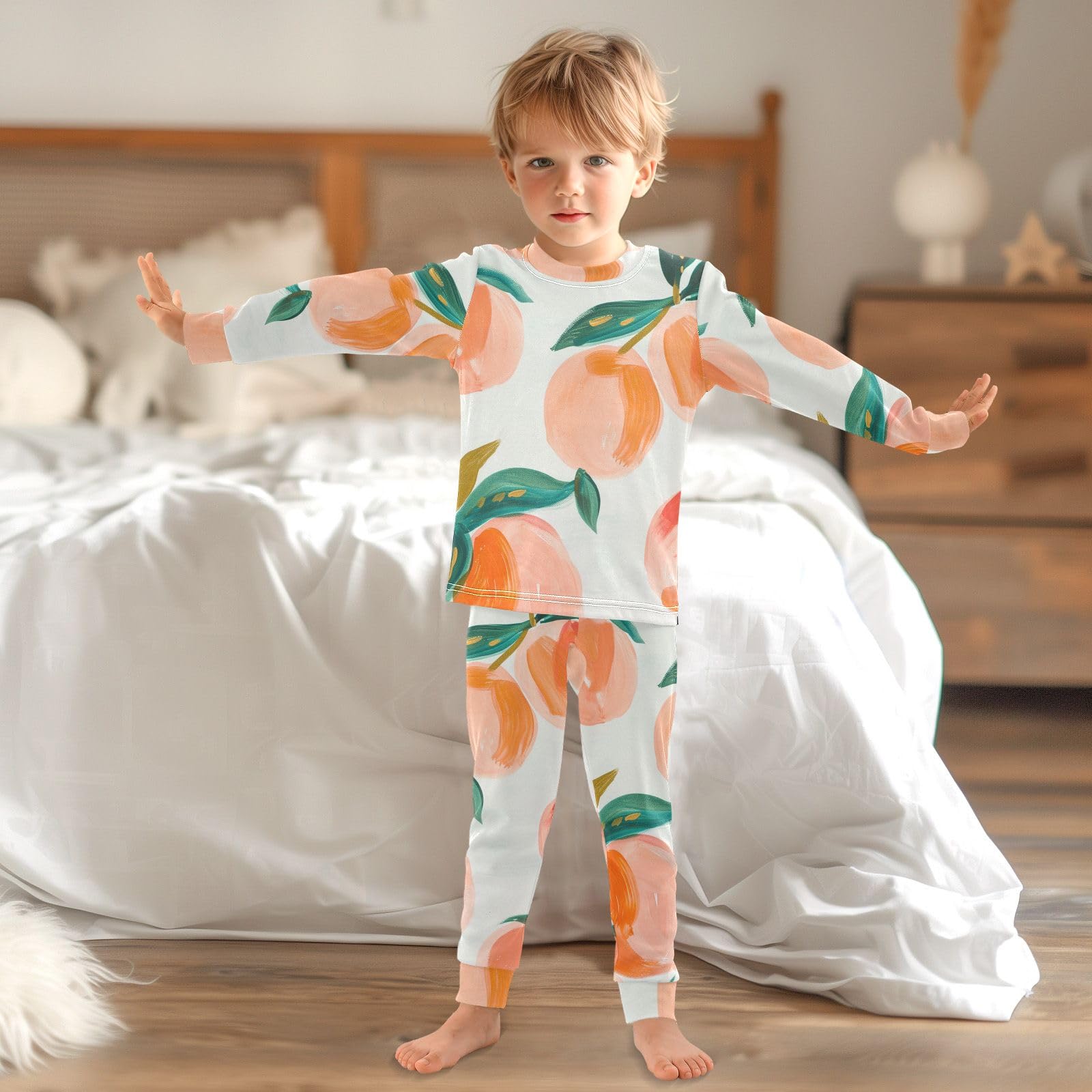 **Soft Cotton Pajama Set for Women - Long Sleeve Sleepwear Nightwear with Peach Print - Cozy Loungewear for Relaxing at Home or Sleepovers**