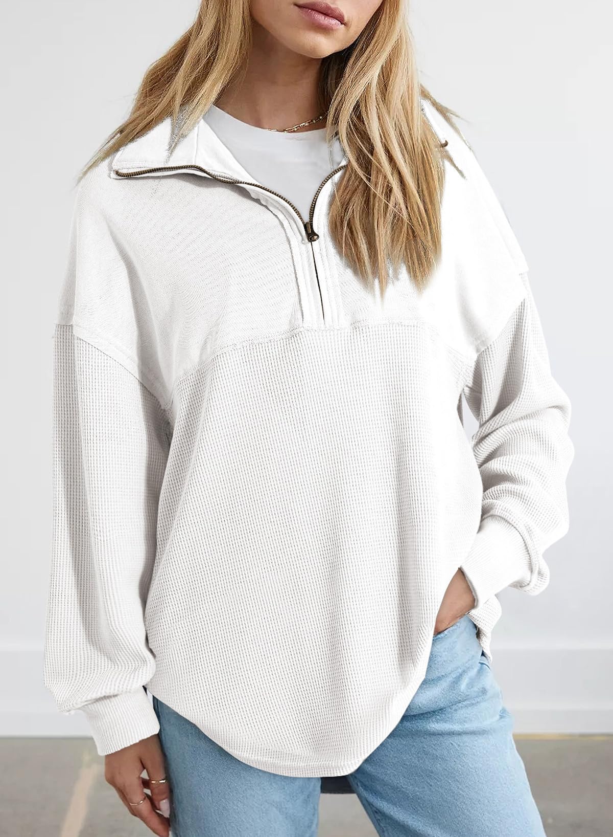 SHEWIN Women's Casual Waffle Knit Half Zip Pullover Sweatshirt - Loose Fit Long Sleeve Top for Fall & Winter 2024 | Cozy Outfit for Work, Travel & Everyday Wear
