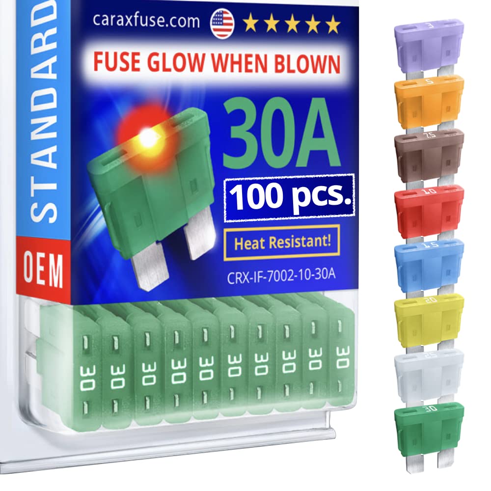 CARAX Glow Fuse - 30A 100pcs Premium ATC/ATO/ATS Blade Fuse Kit with LED Indicator (Glows When Blown) - Smart Automotive Fuse for Easy Circuit Identification - Perfect for Cars, Trucks, Boats and RV Electrical Systems