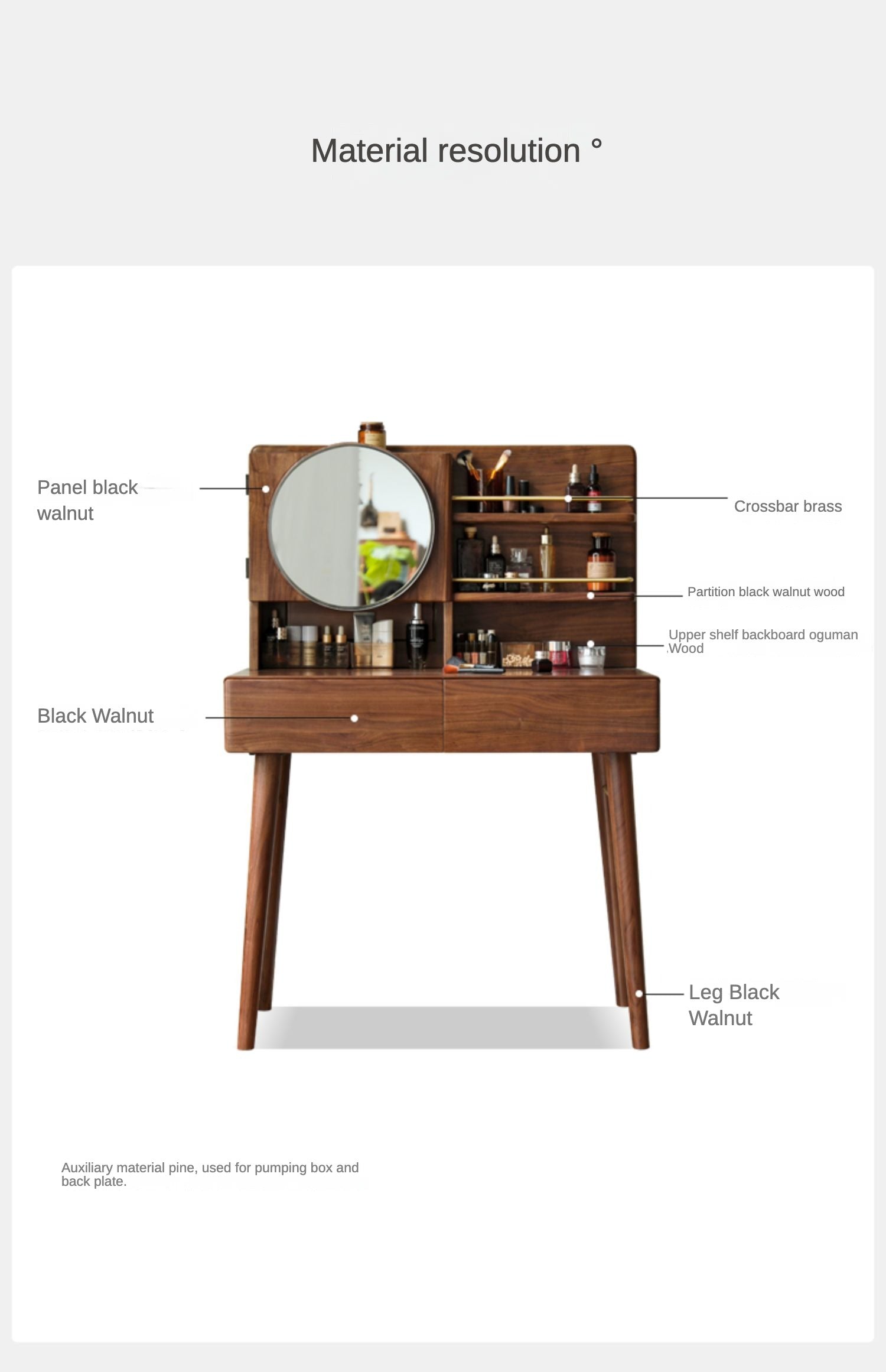 Black Walnut Solid Wood Moon Makeup Mirror Vanity Dressing Table - Elegant Bedroom & Bathroom Decor for Women