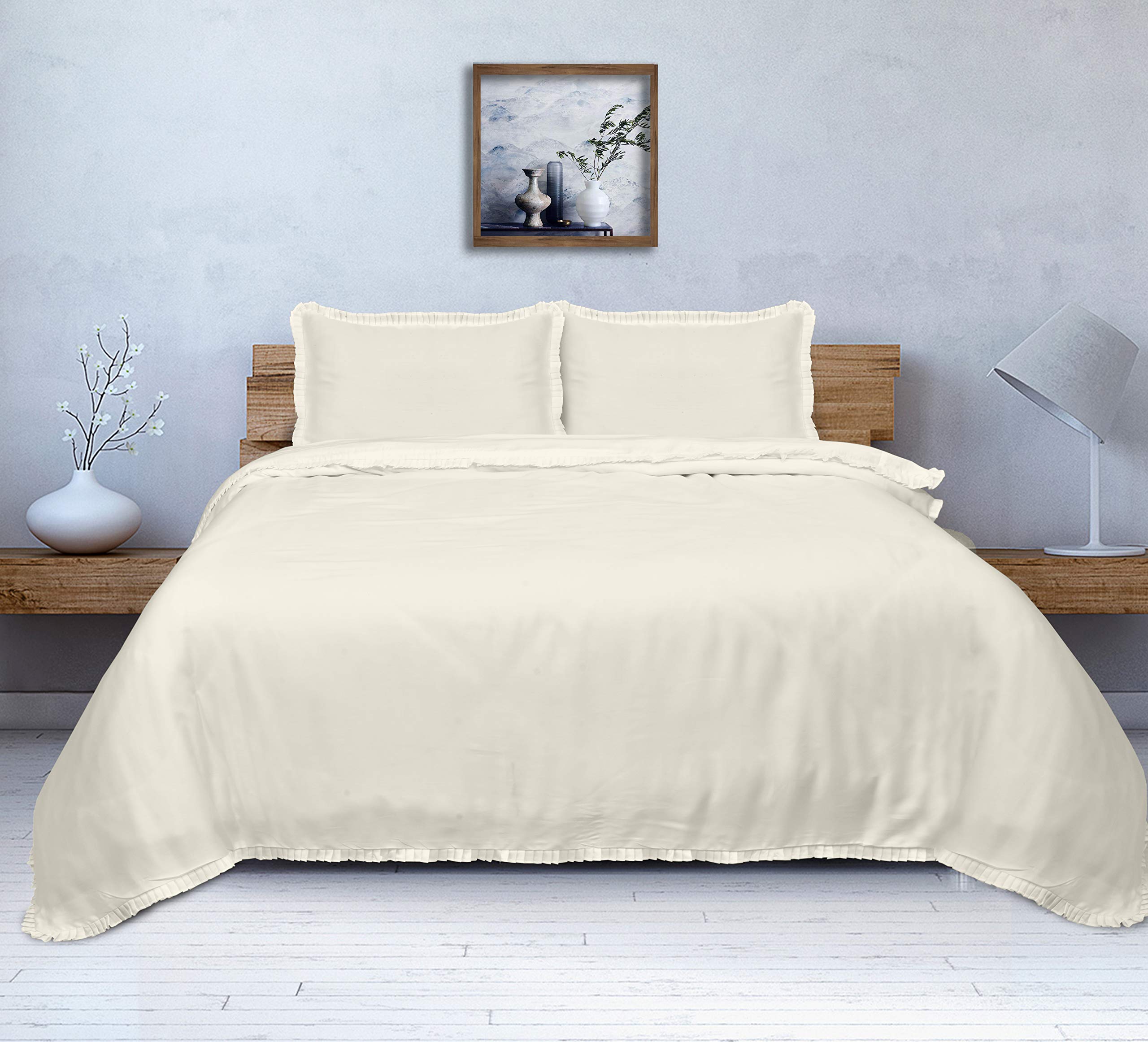 Organic Bamboo Core Bedding Set with Zipper Closure & Designer Pleats - 4Pc King Size (Duvet Cover, Fitted Sheet, 2 Pillowcases) - 100% Natural Silk Soft Luxury Bedding for Eco-Friendly Home & Hotel Use
