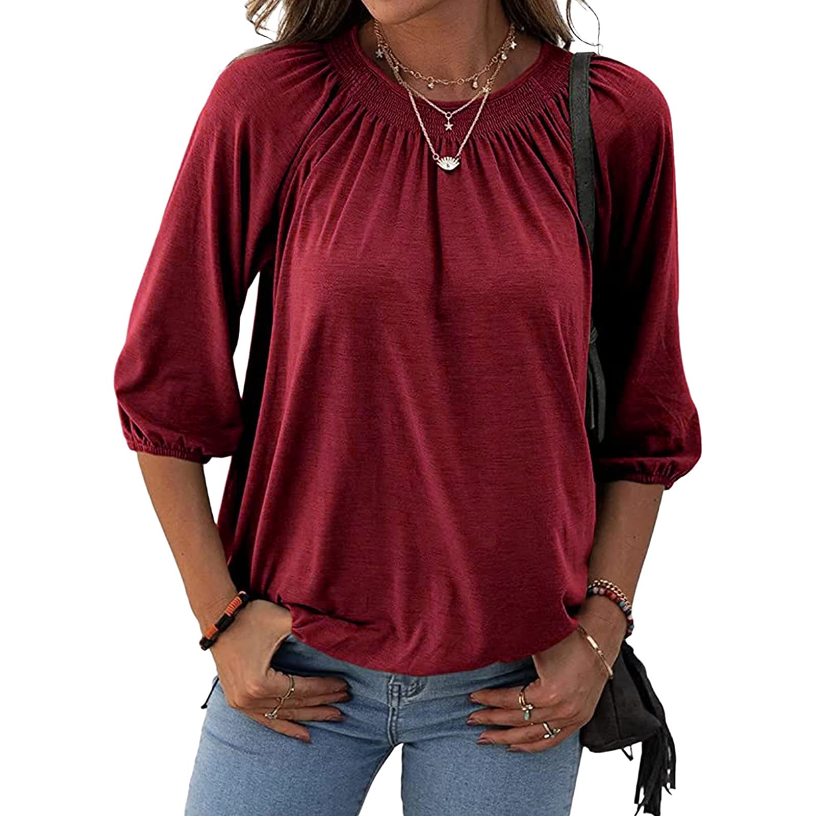 CHARMAP Women's Casual 3/4 Sleeve Round Neck Blouse - Loose Fit Pleated Summer T-Shirt Top for Work, Travel & Everyday Wear