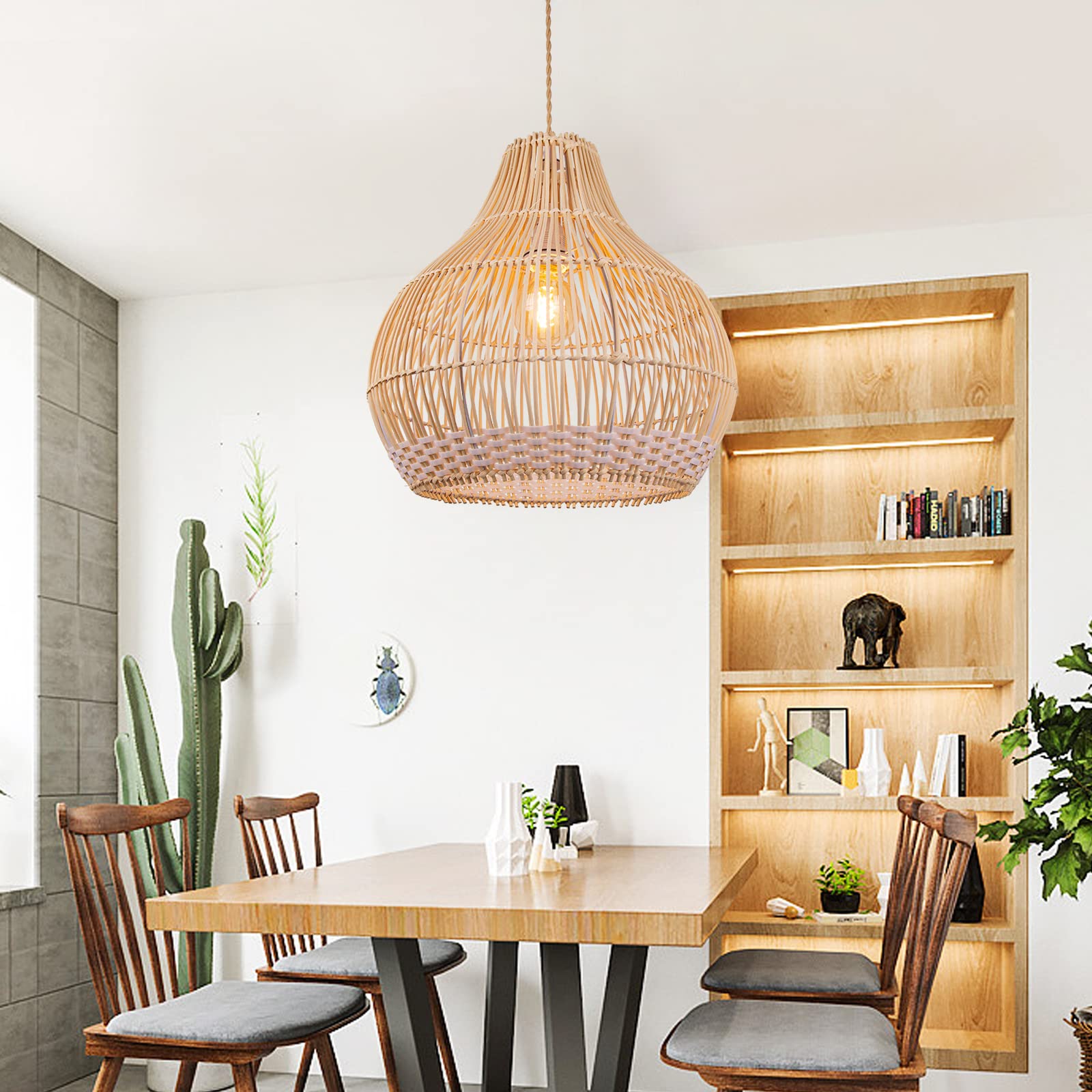 Arturesthome Coastal Rattan Pendant Light - Handmade Woven Wicker Chandelier for Kitchen Island, Living Room & Bedroom - White Round Ceiling Lamp with Natural Texture - Perfect for Farmhouse, Boho & Coastal Decor Styles