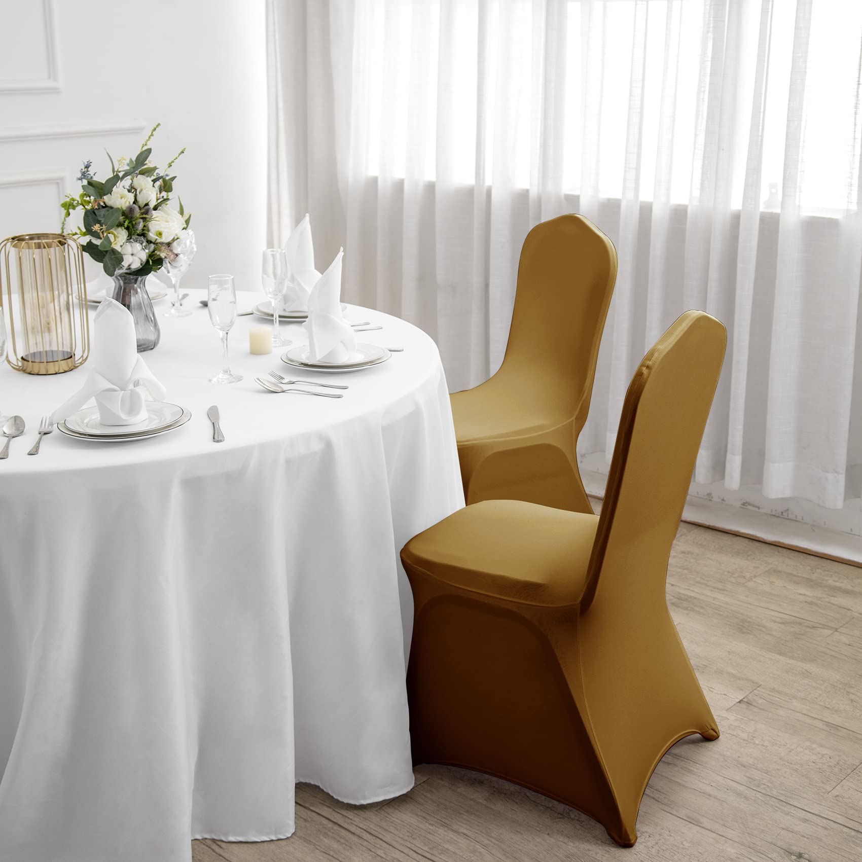 12PCS Spandex Stretch Chair Covers - Washable & Removable Gold Slipcovers for Living Room, Party, Banquet, Wedding & Hotel Events - Perfect for Home Decor & Event Protection