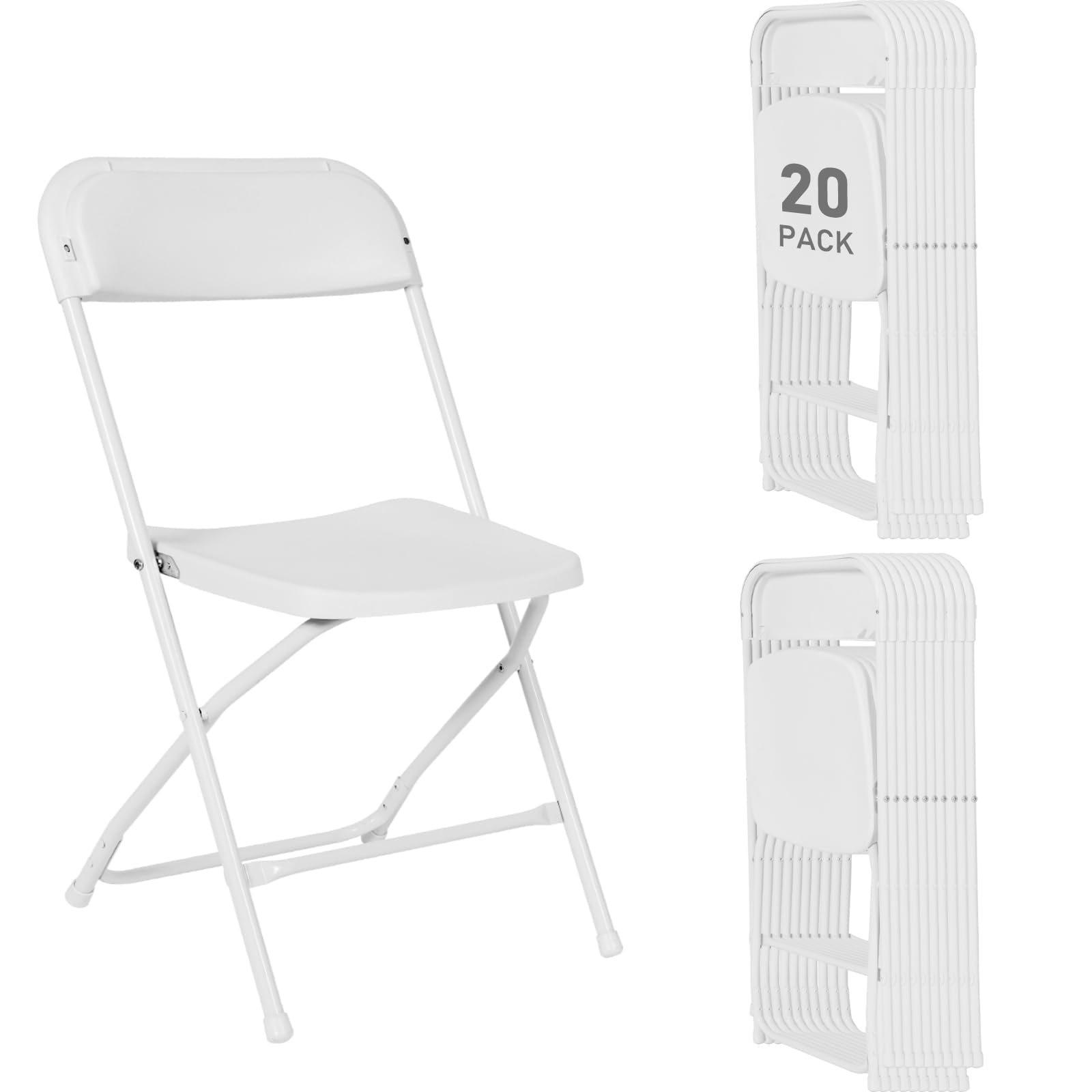 20 Pack White Plastic Folding Chairs - Heavy Duty Stackable Chairs with Steel Frame (350lb Capacity) for Indoor Outdoor Use - Perfect for Home, Office, Wedding, Party, Events & Commercial Spaces