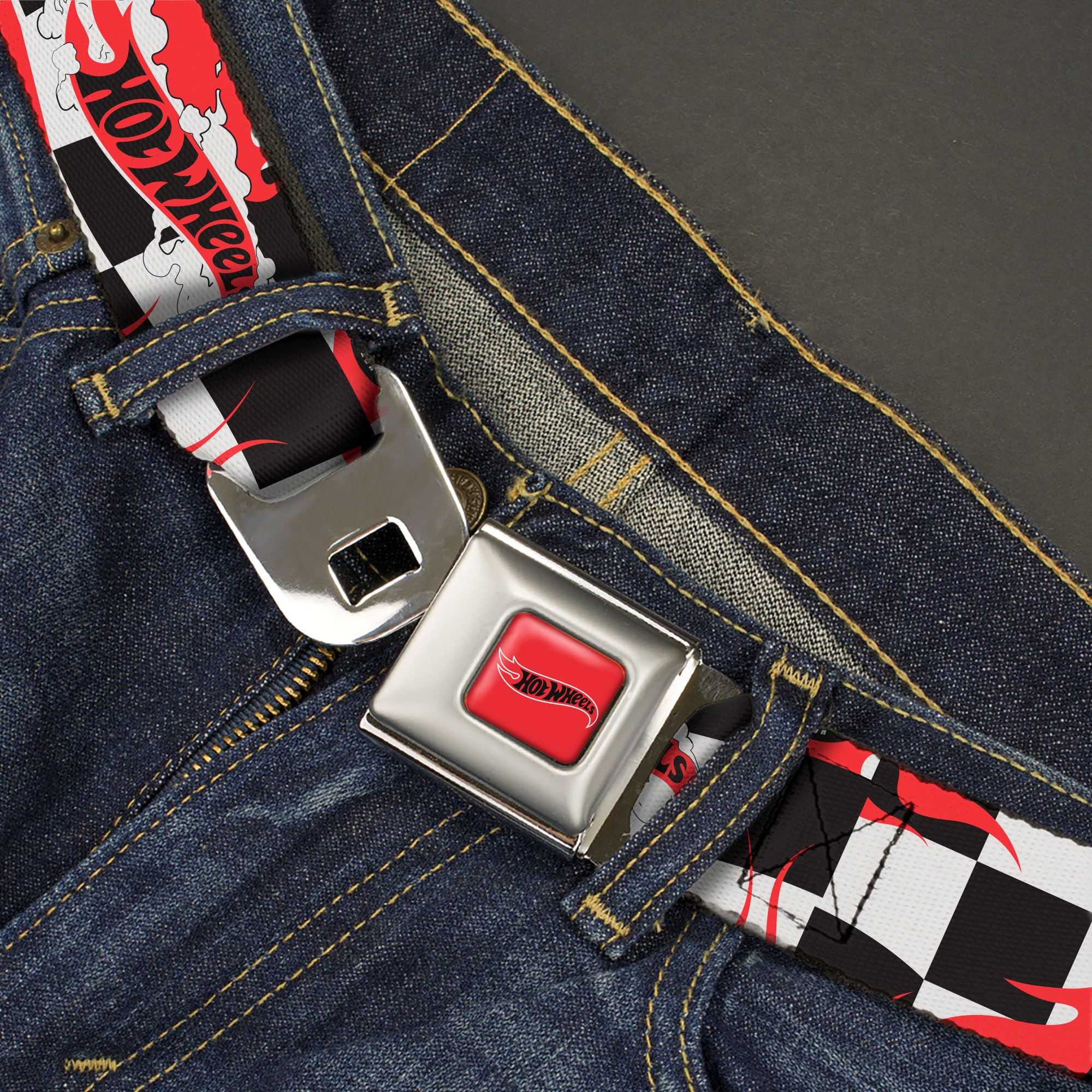 Hot Wheels Logo & Tire Burnout Checker Belt - Adjustable Seatbelt Buckle Strap for Men & Women - Perfect for Car Enthusiasts, Cosplay, and Everyday Fashion