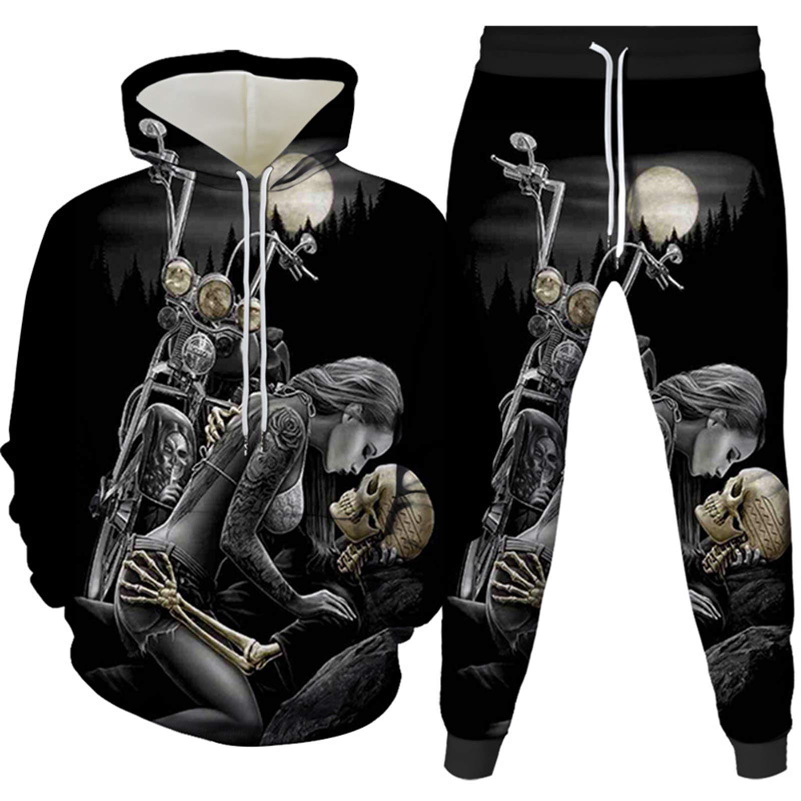 Honeystore Unisex Skeleton Printed Hoodie and Sweatpants Jogger Set - Skull Design Casual Outfit for Streetwear, Gym, and Lounge Wear